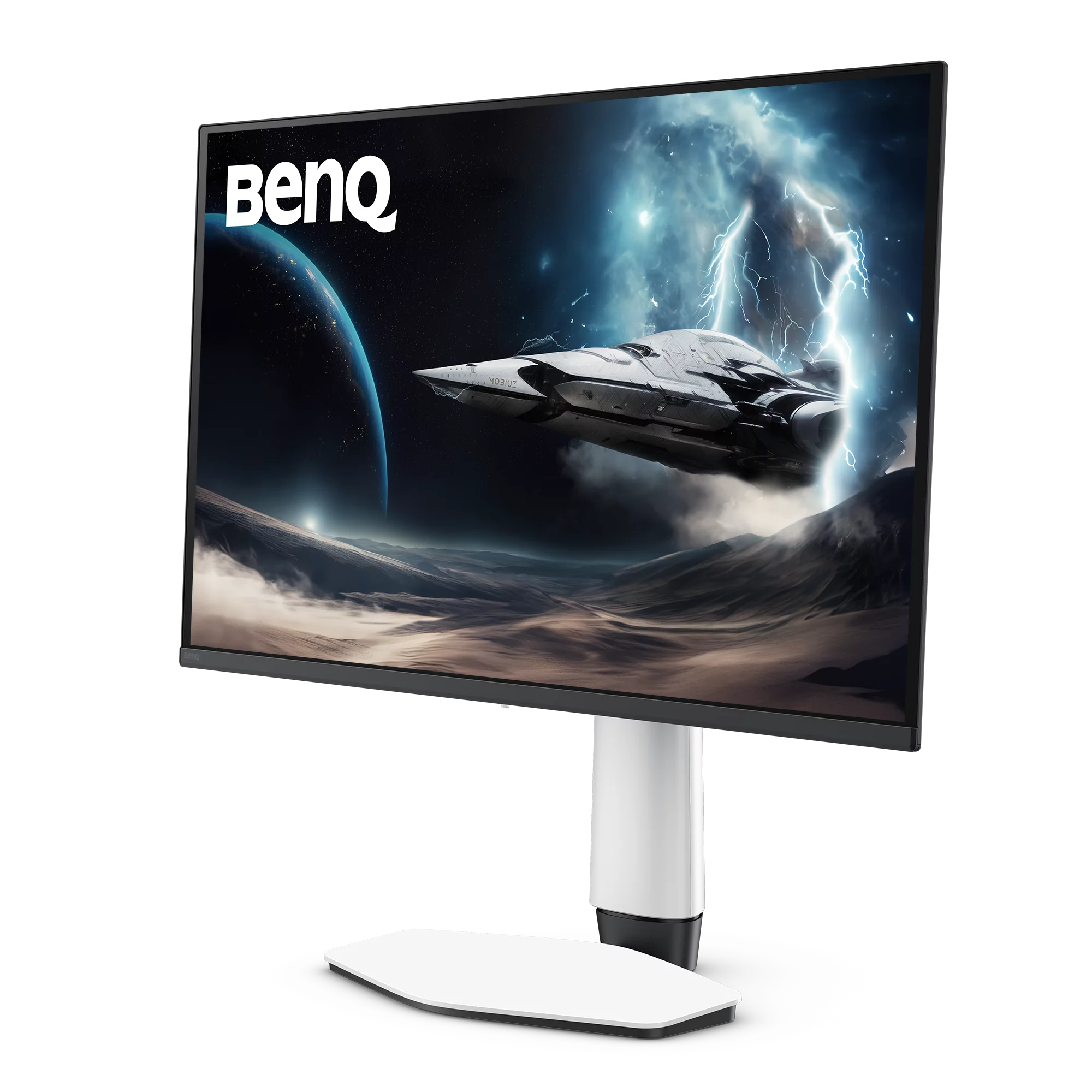 BenQ-Monitor mit weißem Standfuß zeigt ein Sci-Fi-Bild von einem Raumschiff und Blitz.