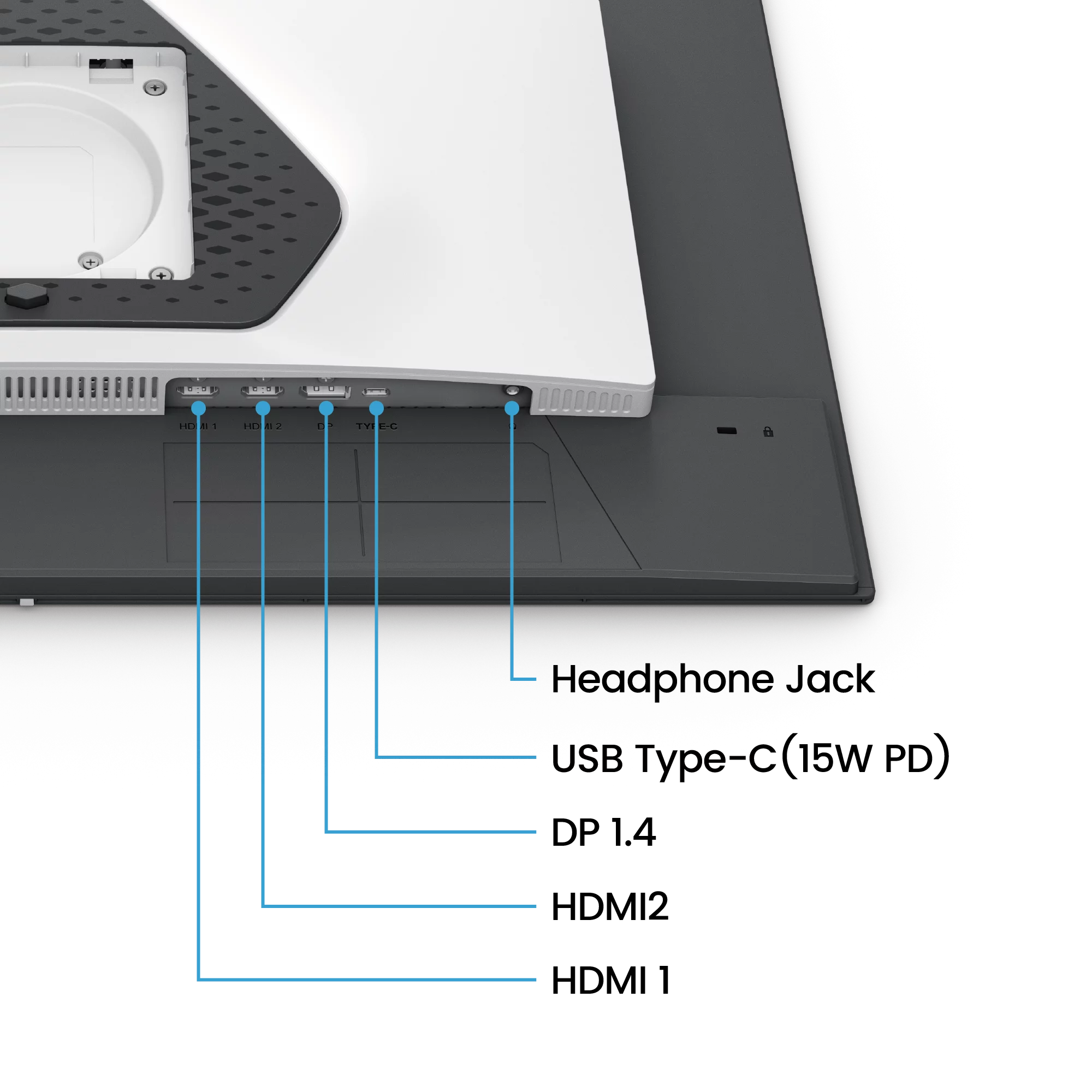 Rückseite eines Monitors mit beschrifteten Anschlüssen wie HDMI, DP und USB-C, hervorgehoben durch blaue Linien.