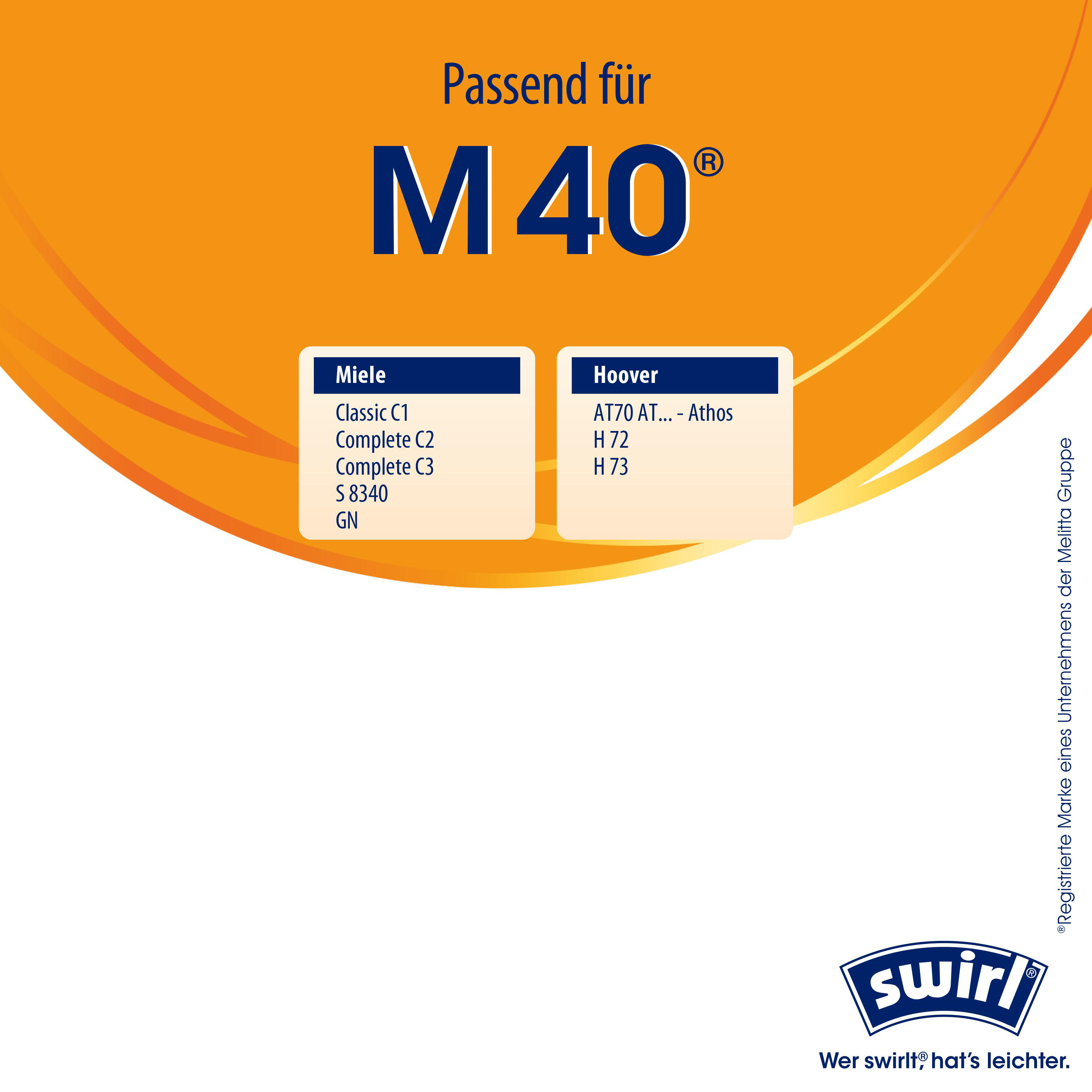 Orangefarbene Verpackung mit blauem M 40 Text und kompatiblen Staubsaugermodellen von Miele und Hoover.