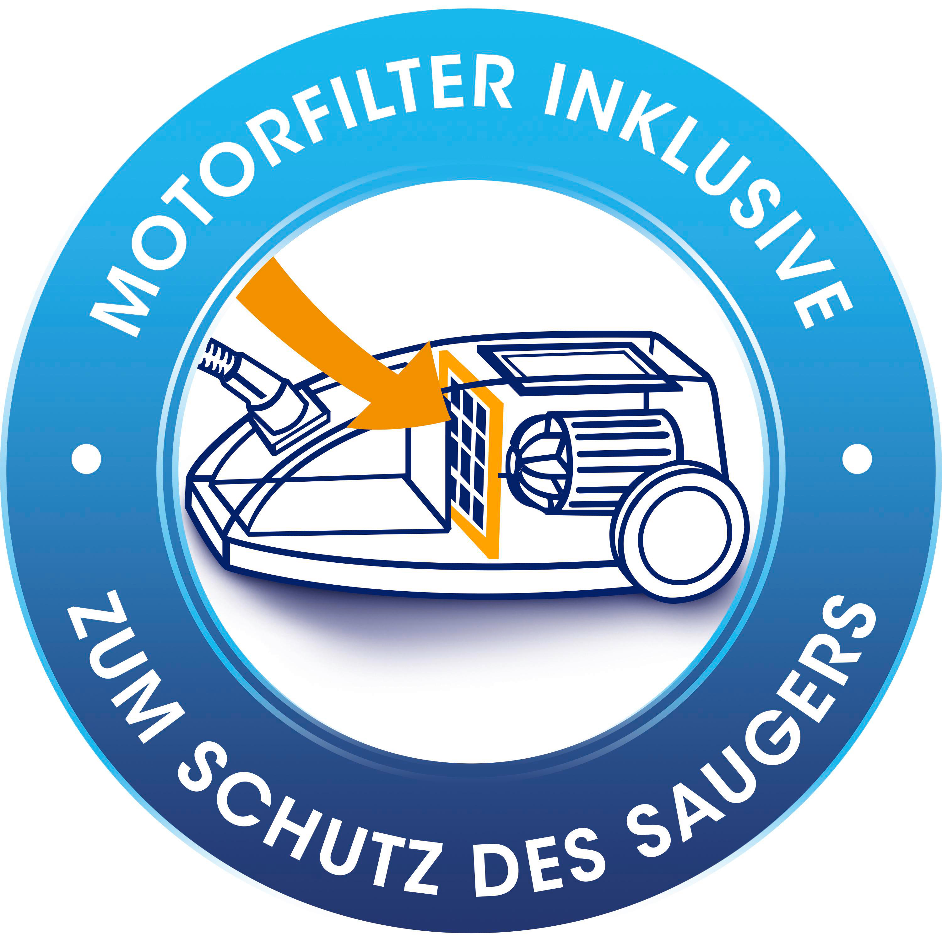 Blaues Logo mit Staubsaugermotiv und Text Motorfilter inklusive zum Schutz des Saugers.