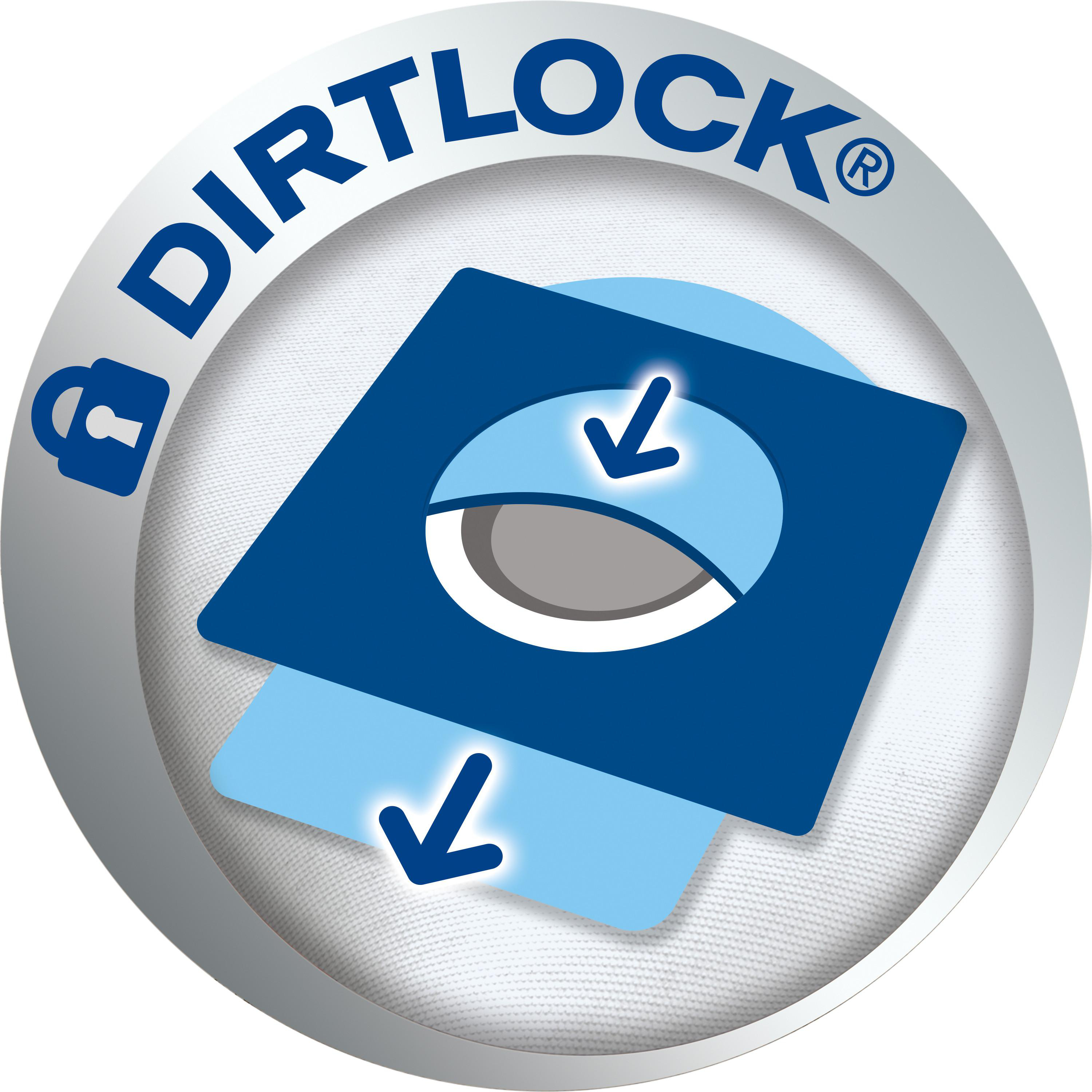 Dirtlock Logo mit blauem Staubbeutel und Abwärtspfeilen auf weißem Hintergrund.