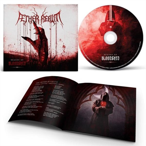 Albumset für Season of Bloodshed mit blutiger Hand, CD mit Kapuzenfigur und offenem Textheft.