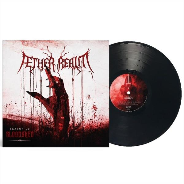 Schallplattenhülle und schwarze Vinylplatte mit blutigem Design und dem Titel Season of Bloodshed.