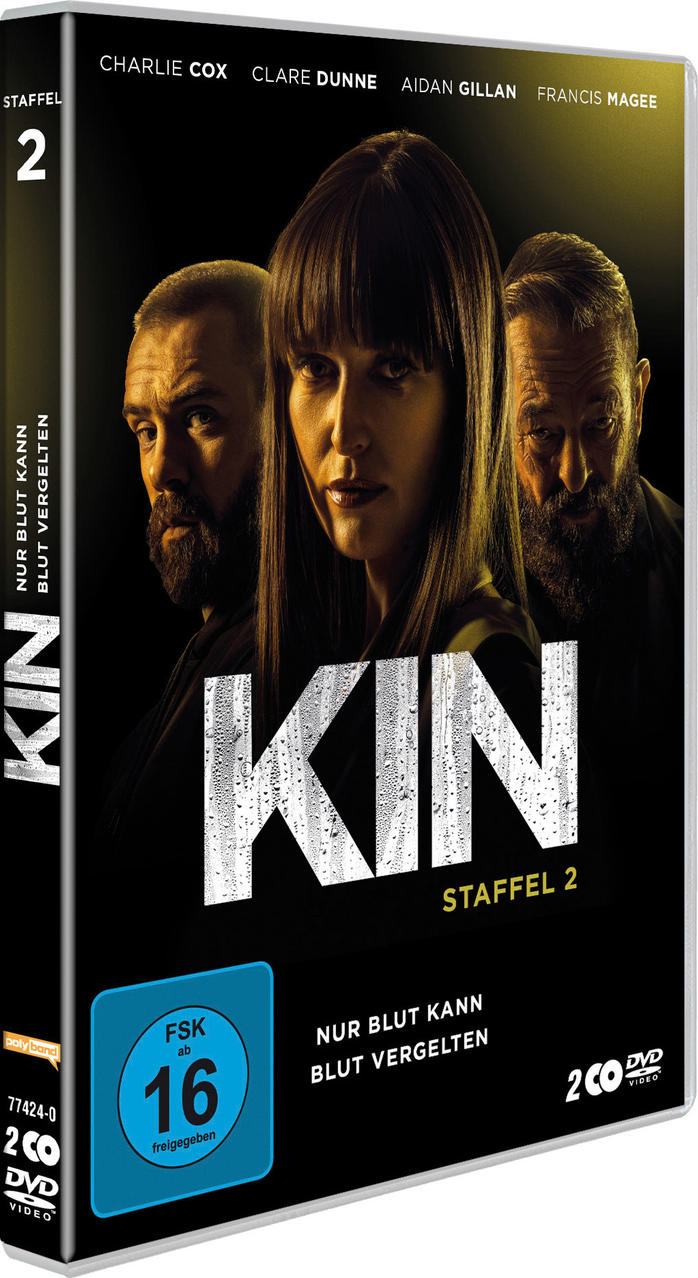 DVD-Cover der zweiten Staffel von 'Kin' mit drei ernsten Charakteren vor dunklem Hintergrund.