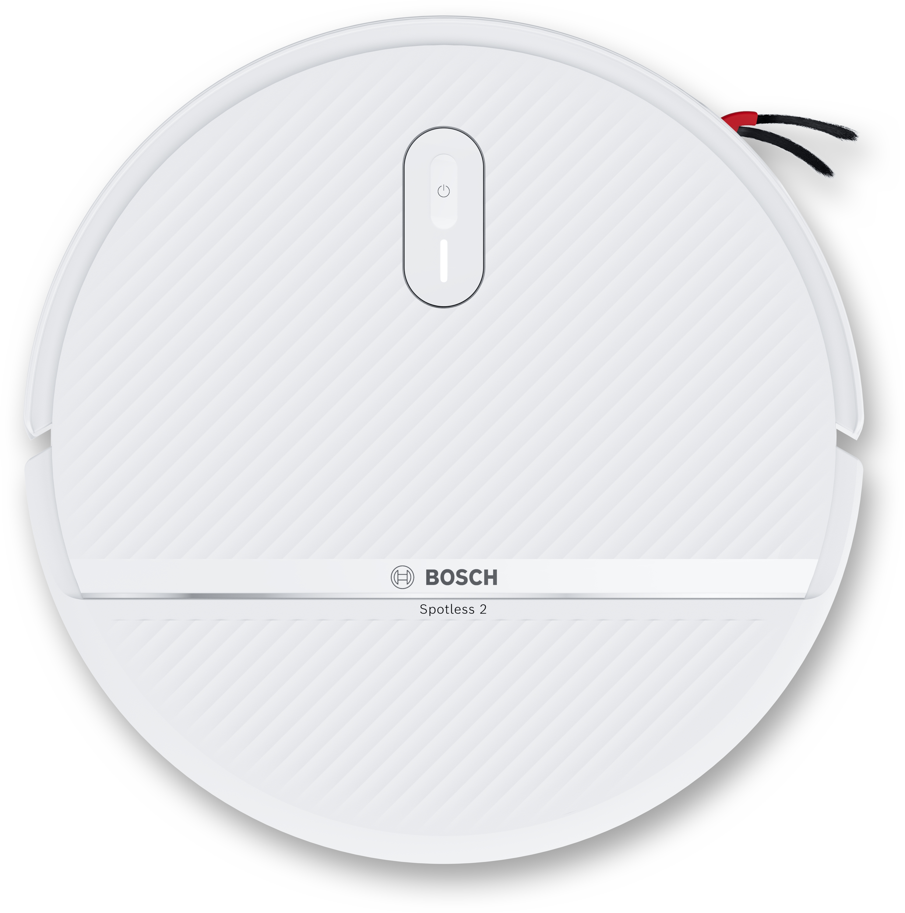 Ein weißer Bosch Spotless 2 Saugroboter von oben mit Kontrollknopf und Seitenbürste.