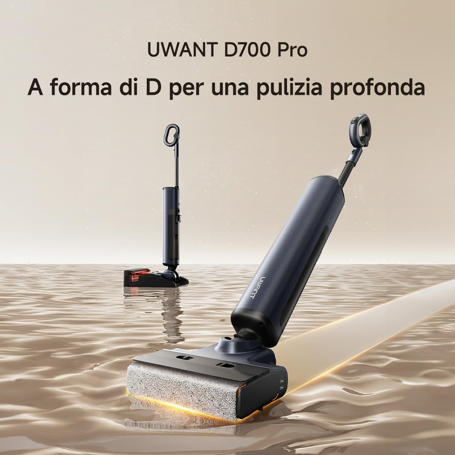 Due aspirapolvere lavapavimenti UWANT D700 Pro neri su superficie lucida con testo in alto.