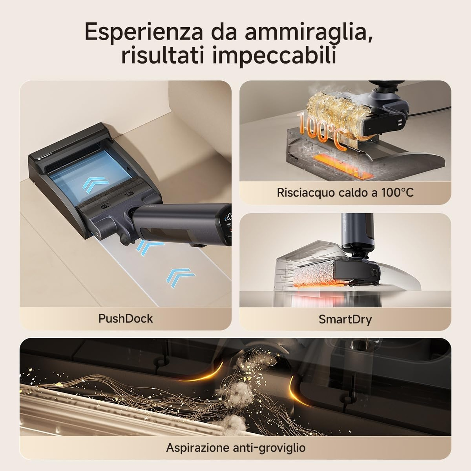 Mostra le funzioni dell'aspirapolvere con PushDock, lavaggio ad acqua calda, SmartDry e tecnologia anti-groviglio.
