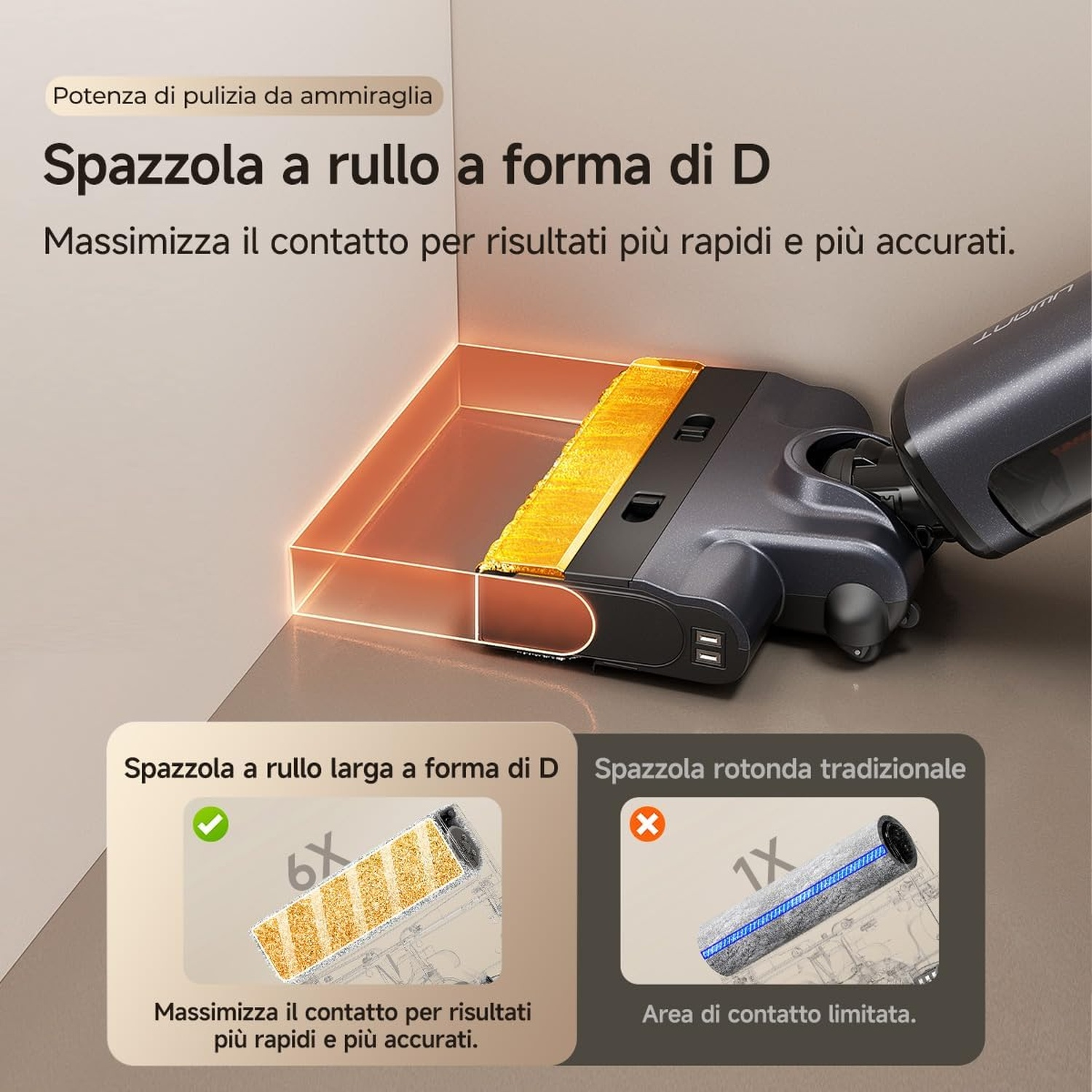 Spazzola a rullo a forma di D di un aspirapolvere pulisce un angolo in modo efficiente.