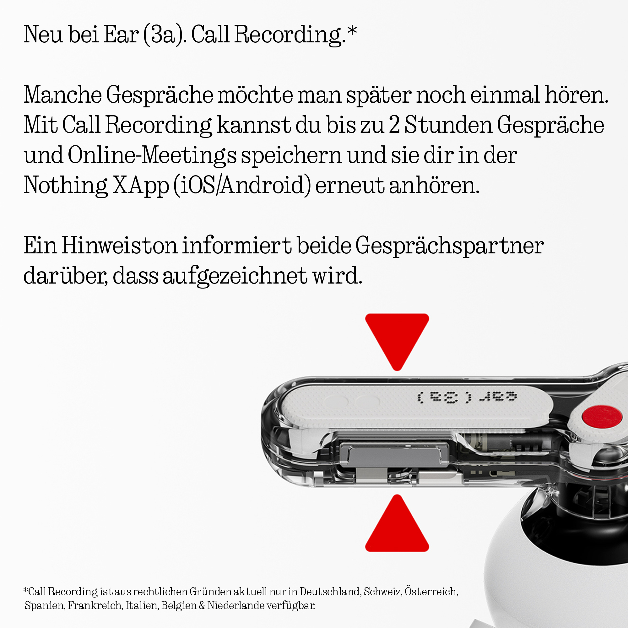 Werbung für Call Recording in Nothing Ear (3a) Kopfhörern mit Text auf weißem Hintergrund und Produktfoto.
