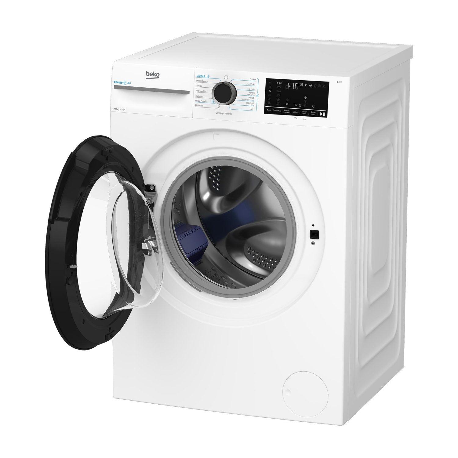 Una lavatrice Beko bianca a carica frontale con oblò aperto, che mostra il cestello e il display digitale.
