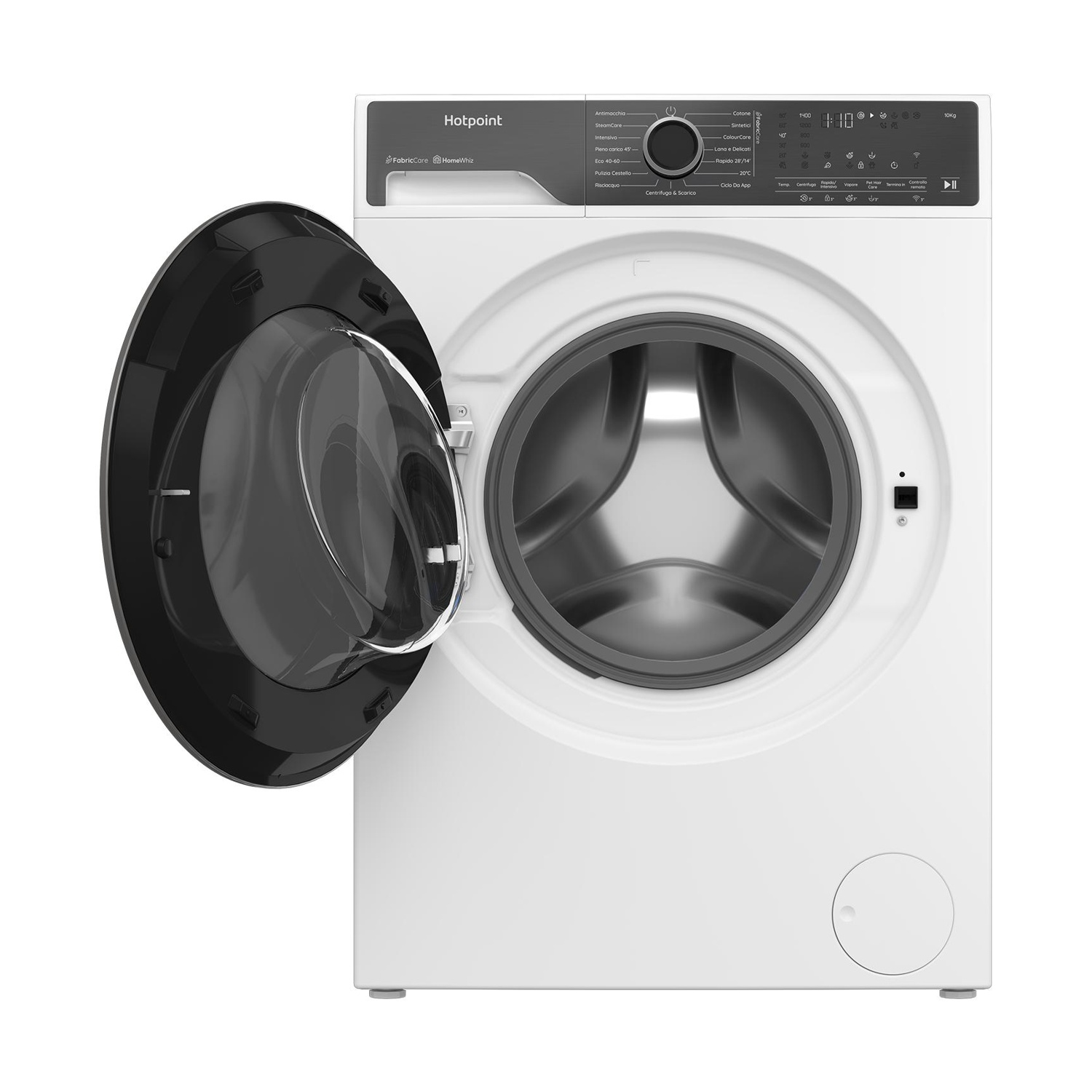 Una lavatrice bianca Hotpoint con la porta in vetro aperta a sinistra, che mostra il pannello di controllo e il cestello.