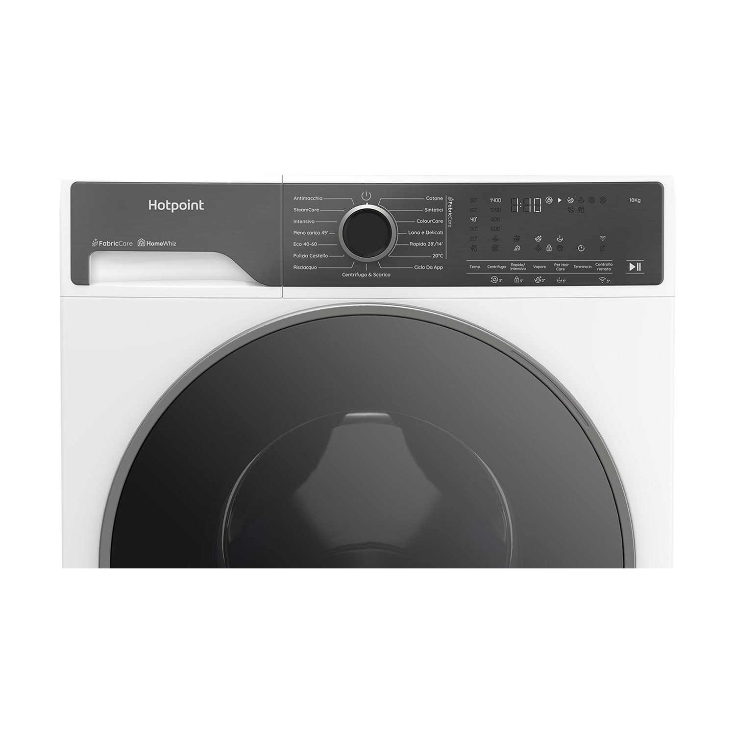 Vista frontale di una lavatrice Hotpoint bianca con pannello di controllo scuro e grande oblò.