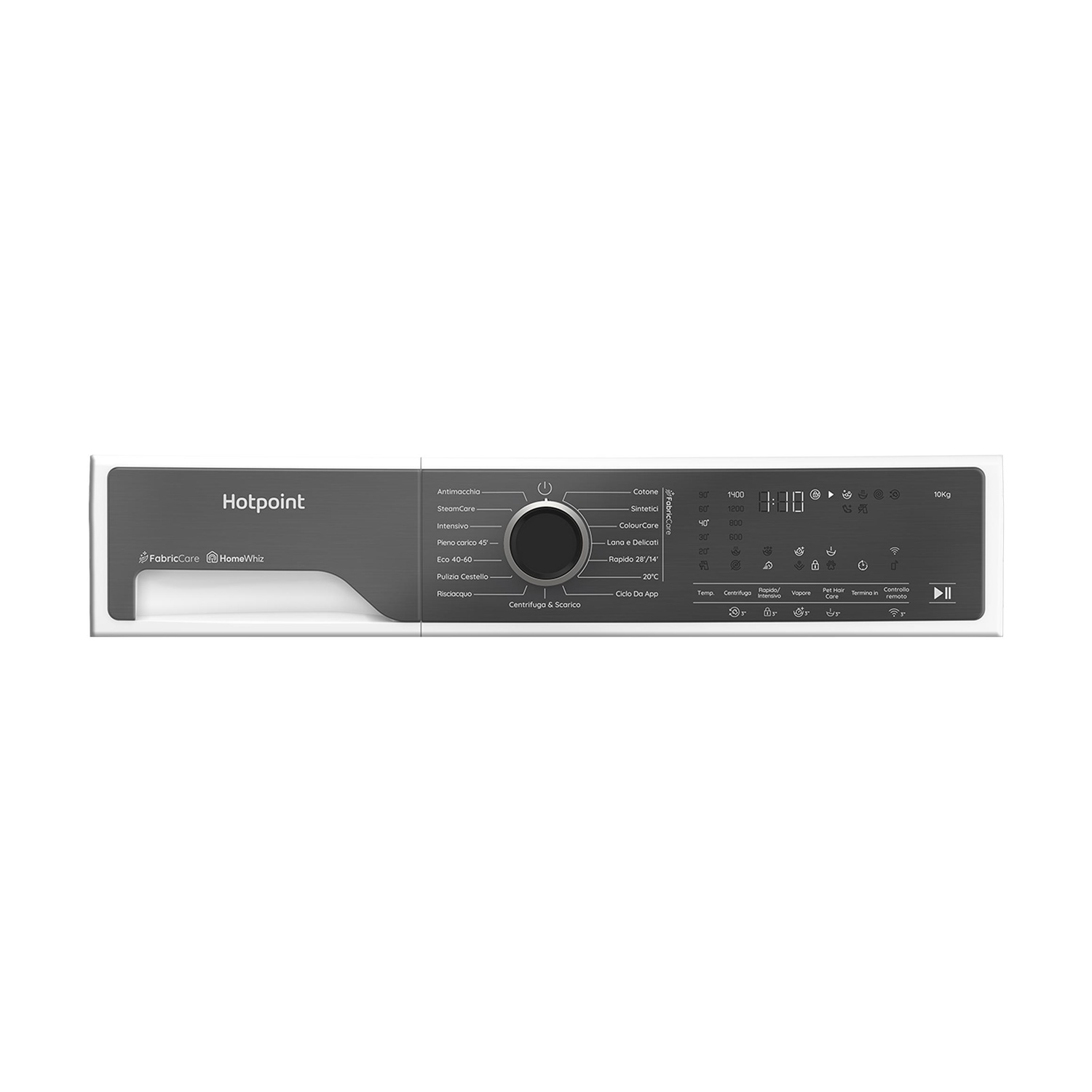 Pannello di controllo di una lavatrice Hotpoint grigia e bianca con manopola e display digitale.