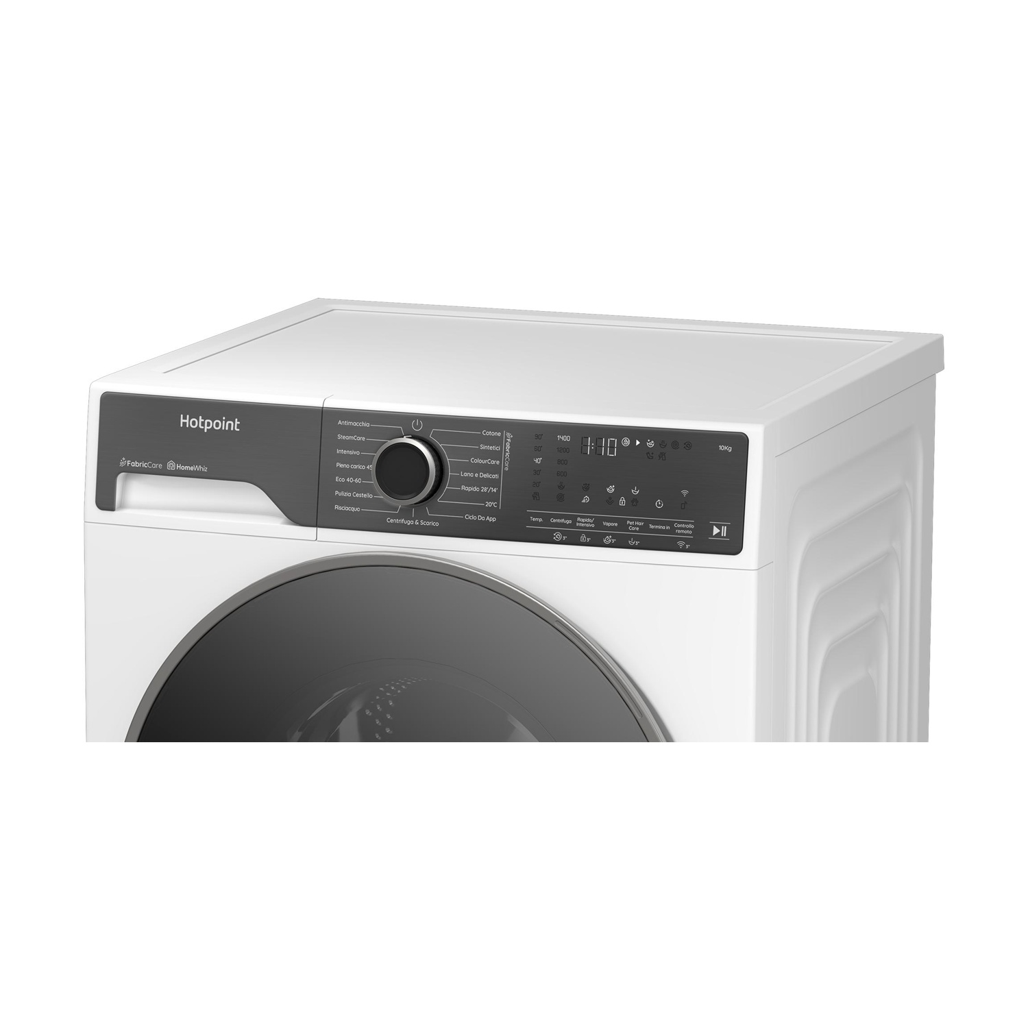 Una lavatrice bianca Hotpoint con pannello di controllo nero, manopola rotante e display digitale.