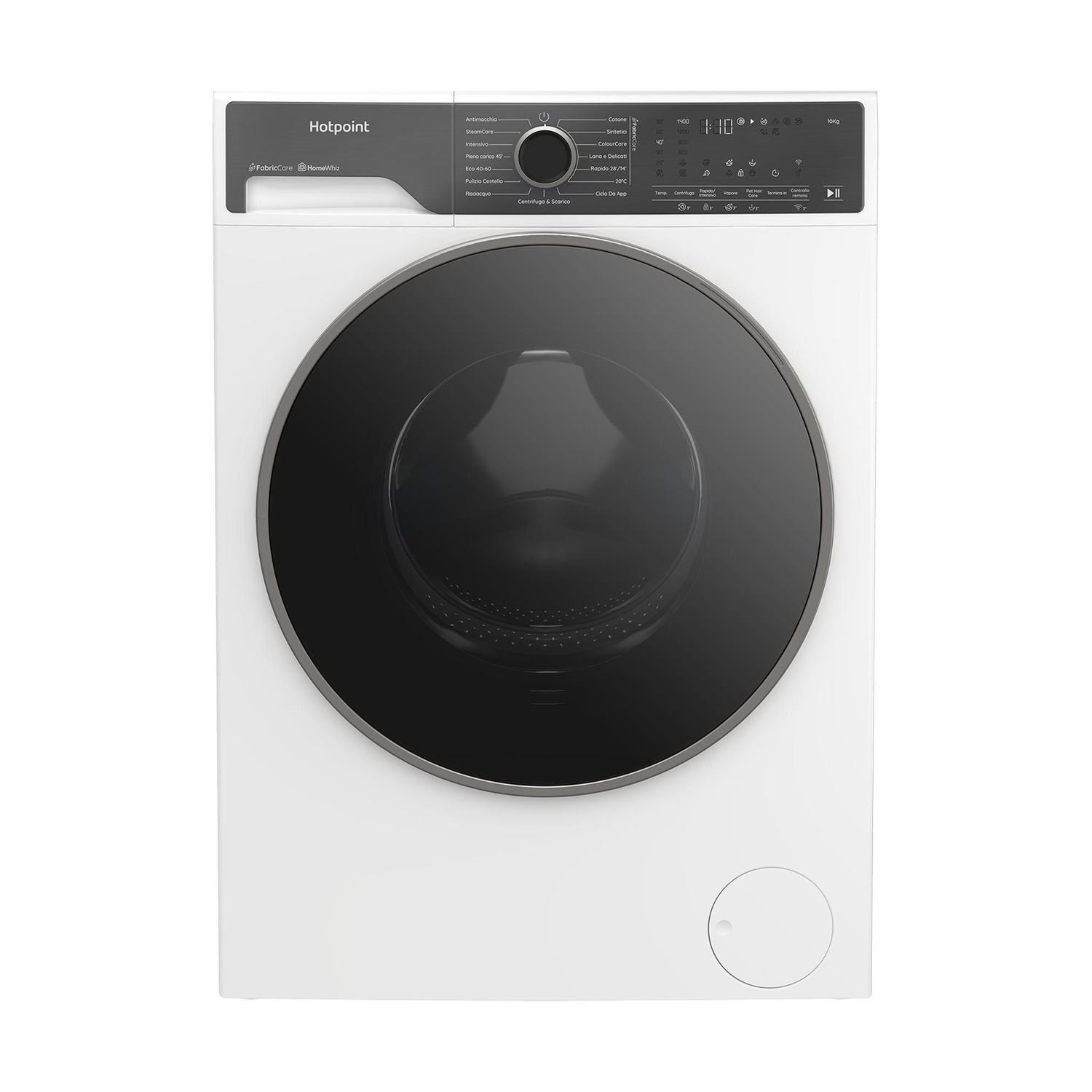 Una lavatrice bianca Hotpoint con oblò nero e pannello di controllo digitale.