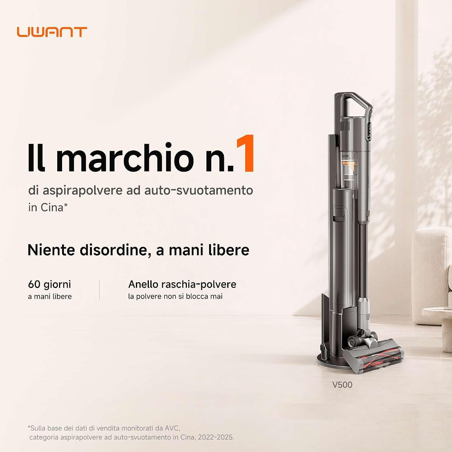 Un aspirapolvere senza fili UWANT grigio è posizionato sulla sua base di ricarica accanto a del testo promozionale.