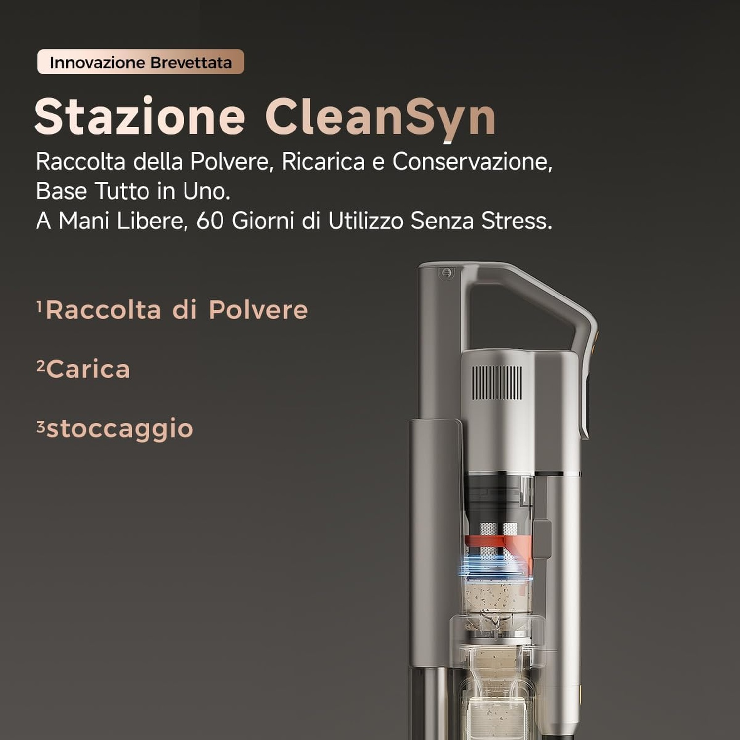 Stazione base CleanSyn grigia con raccolta polvere, ricarica e stoccaggio su sfondo scuro.