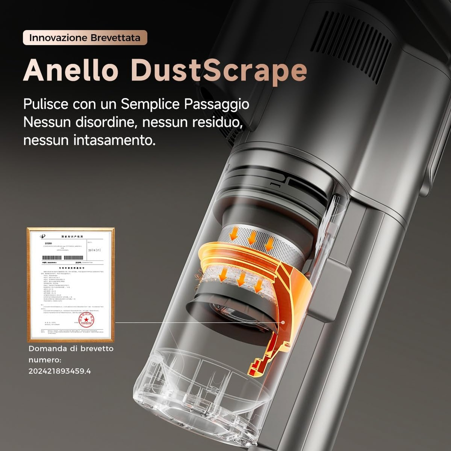 Primo piano del contenitore della polvere di un aspirapolvere con anello arancione e brevetto.
