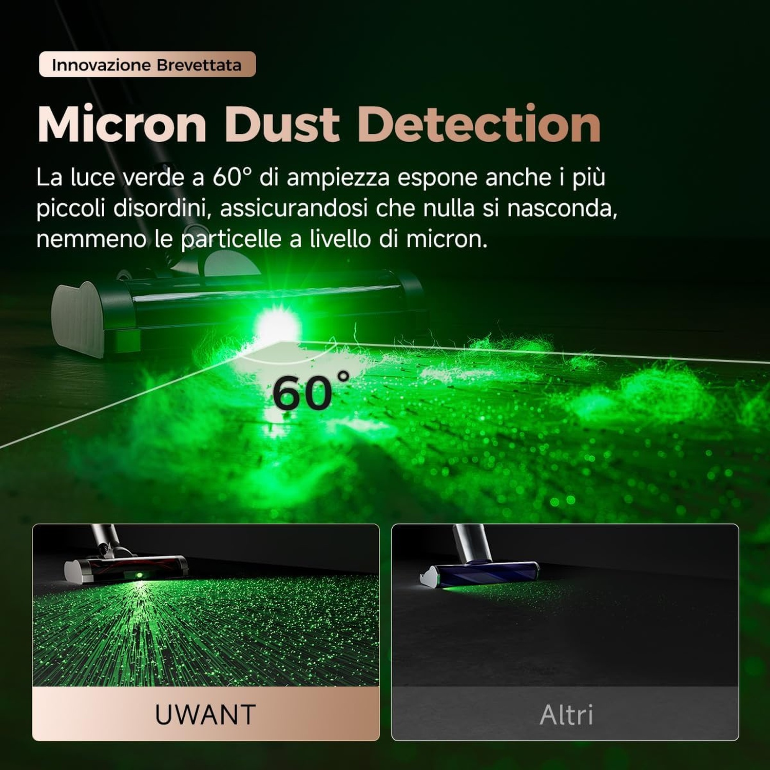 Aspirapolvere con tecnologia a luce verde a 60 gradi per rilevare polvere microscopica su pavimento scuro.