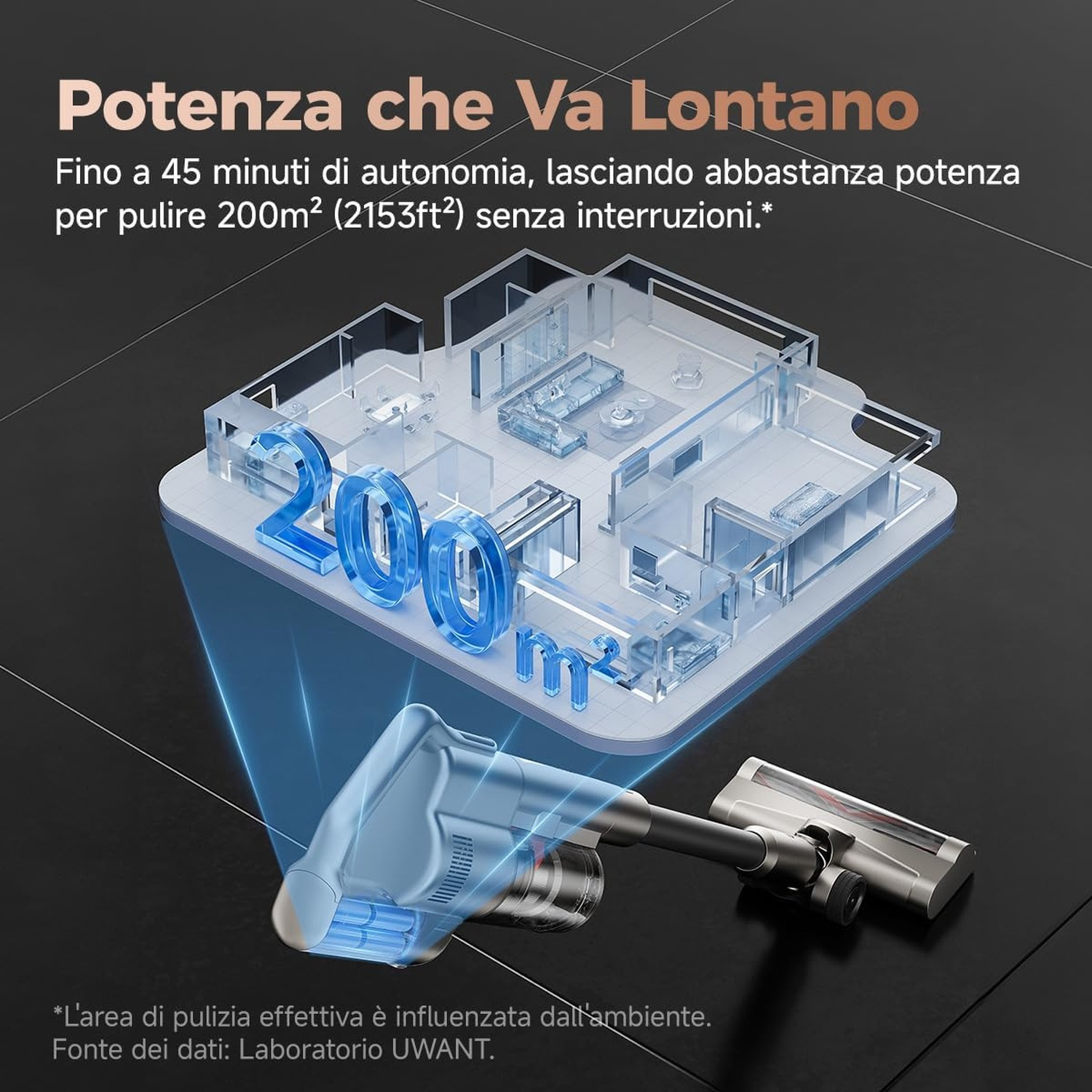 Un aspirapolvere pulisce un appartamento di 200m2 con 45 minuti di autonomia.