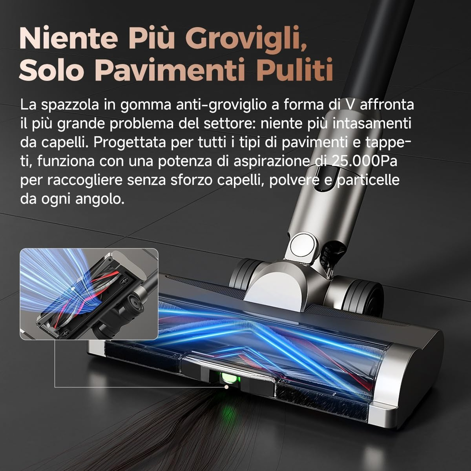 Testina di aspirapolvere con luce LED blu su pavimento scuro, aspira capelli. Testo in italiano.