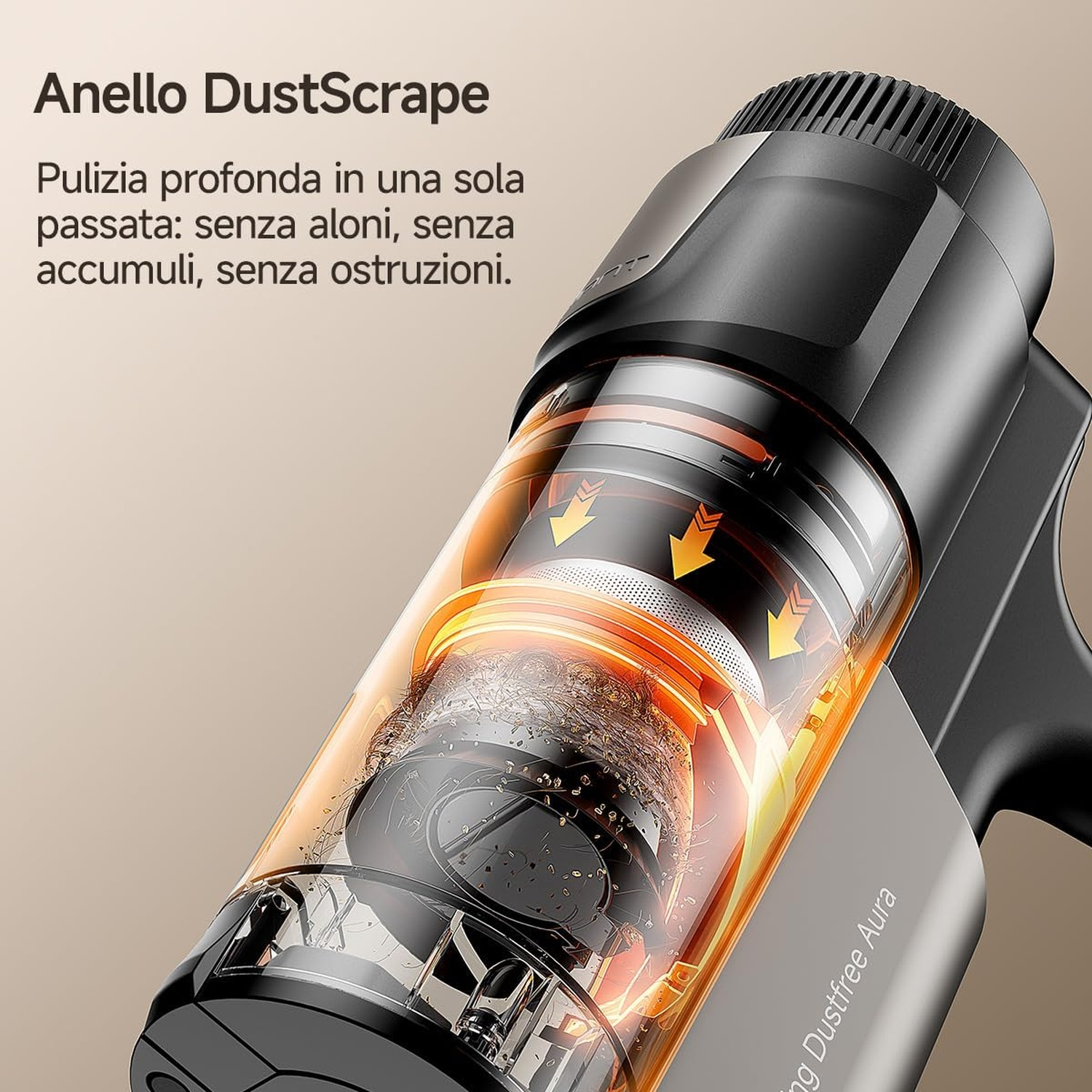 Primo piano del serbatoio della polvere di un aspirapolvere con meccanismo arancione luminoso e testo promozionale.