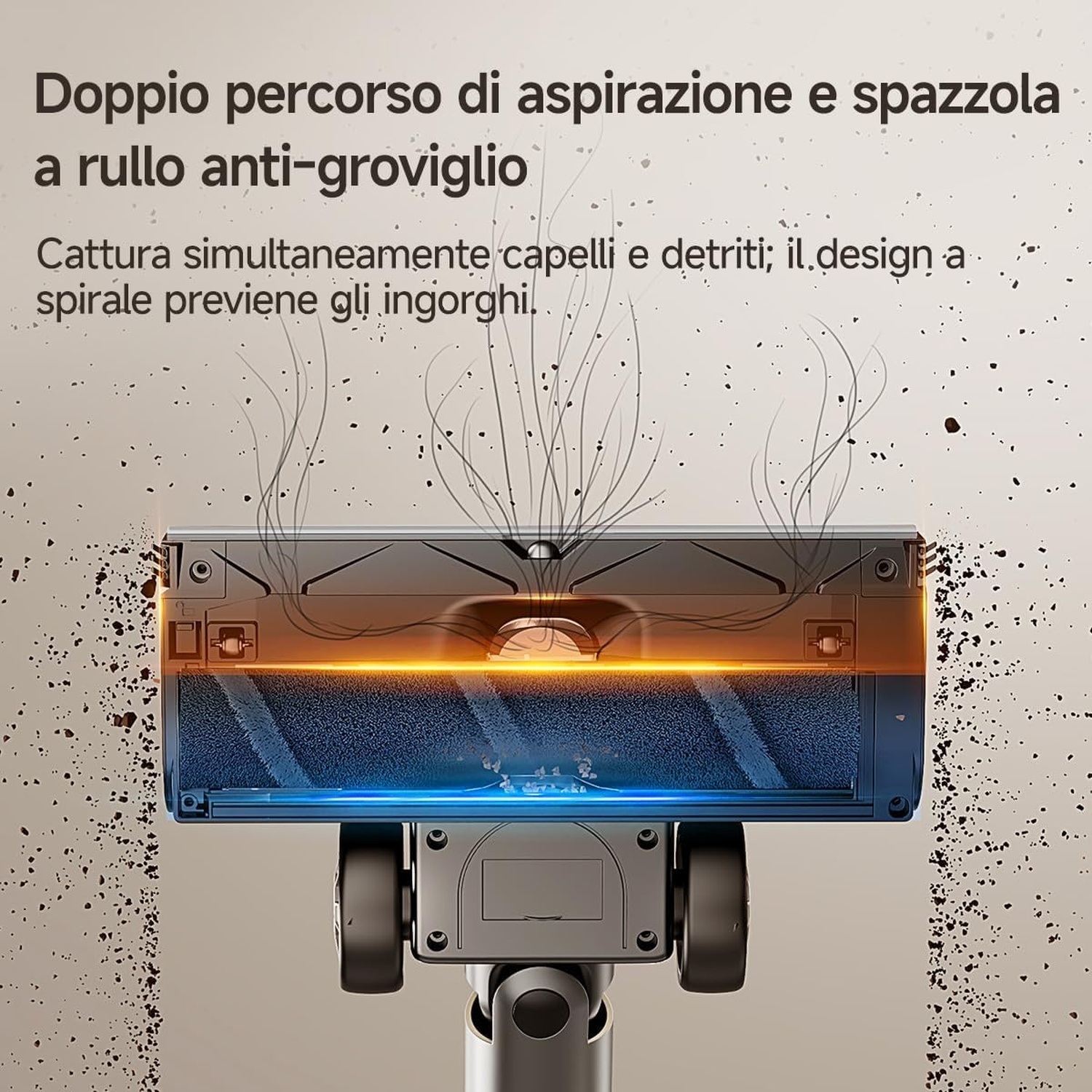 Testina per aspirapolvere anti-groviglio con testo in italiano che spiega il doppio percorso di aspirazione.