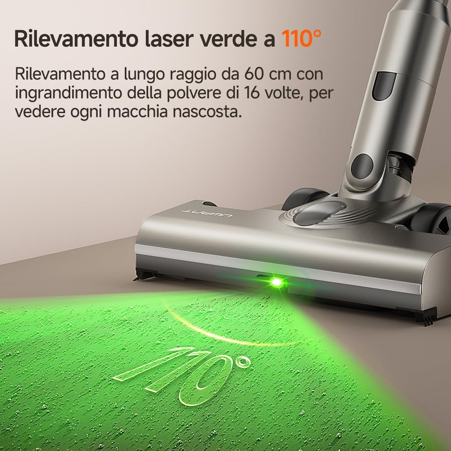 Un aspirapolvere proietta un ampio raggio laser verde sul pavimento con testo in italiano.