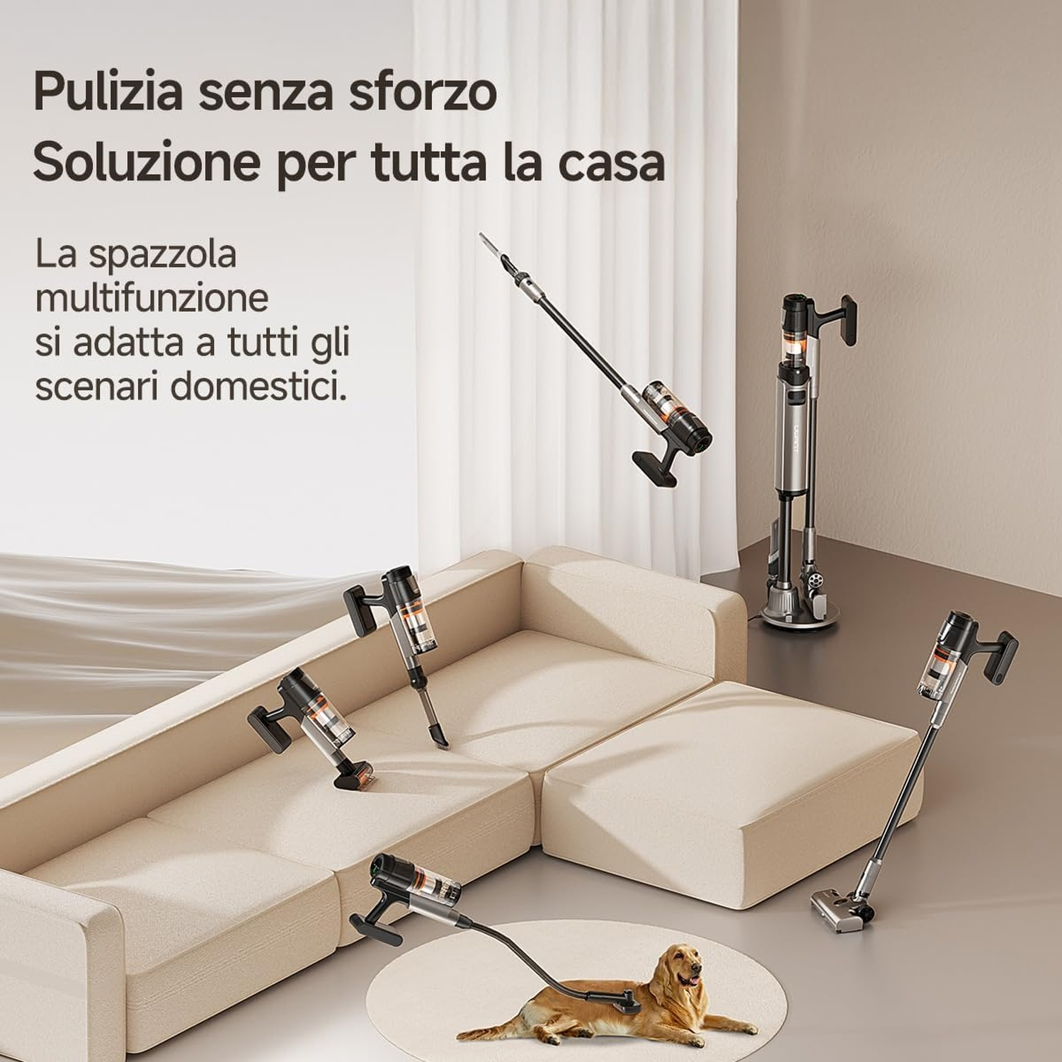 Un aspirapolvere senza fili fluttua in varie posizioni vicino a un divano e un cane.