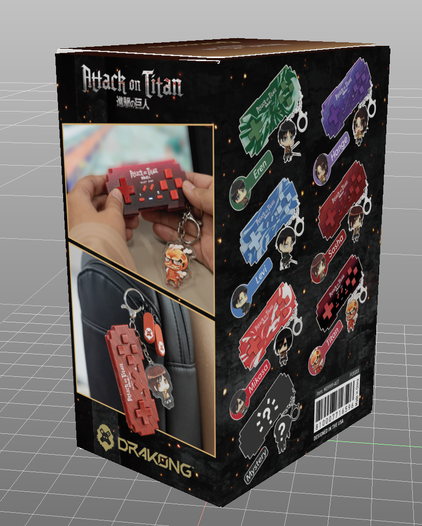 Verpackung von Attack on Titan Merchandise, zeigt Pixel-Gamepad-Schlüsselanhänger und Chibi-Charaktere.