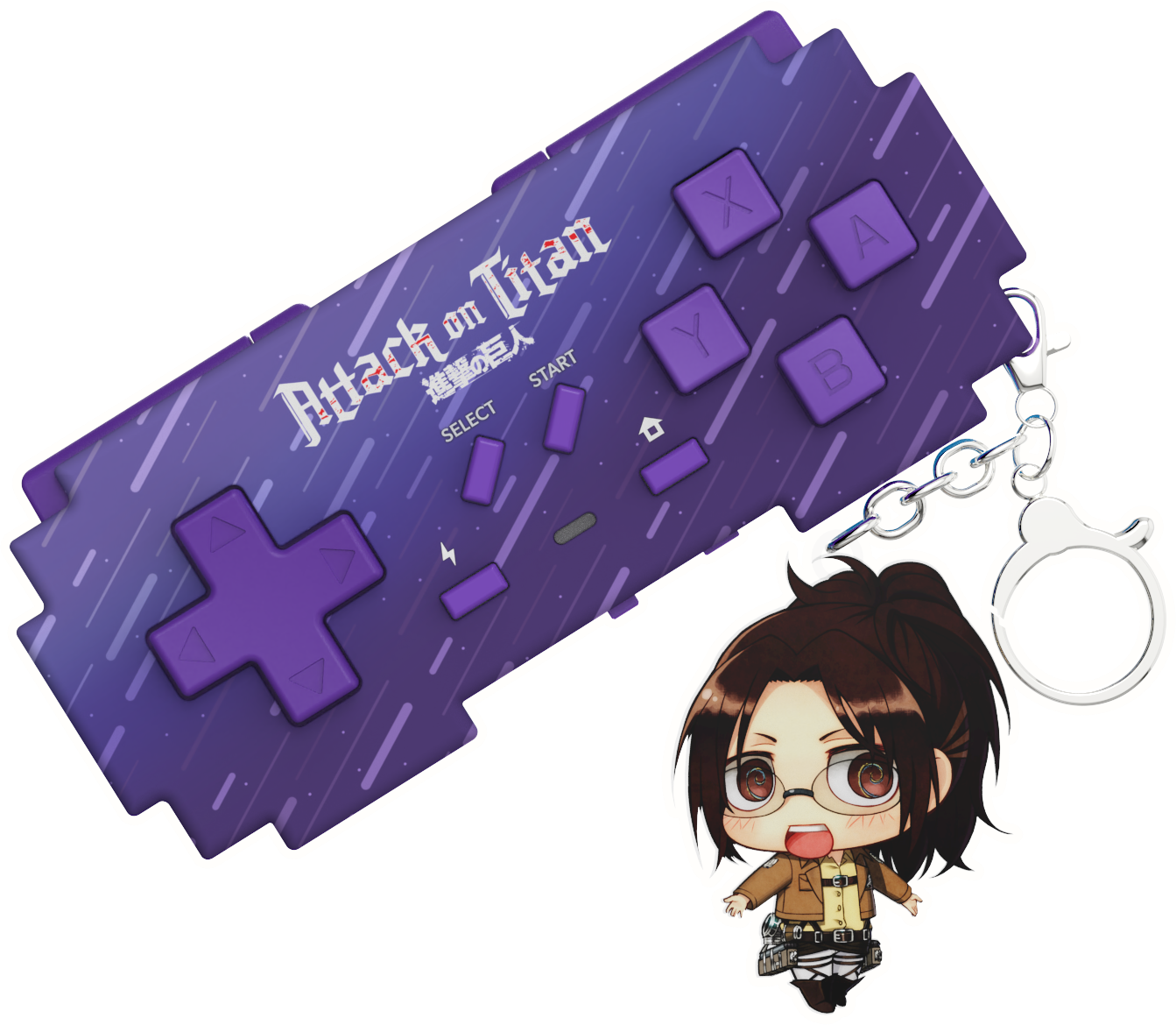 Angriff auf Titan Controller-Schlüsselanhänger mit einem Chibi-Charakter und lilafarbenem Design.
