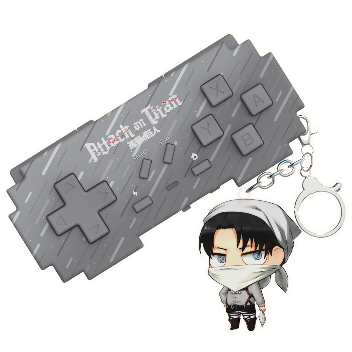 Grauer Attack on Titan Gamepad-Schlüsselanhänger mit Chibi-Levi.