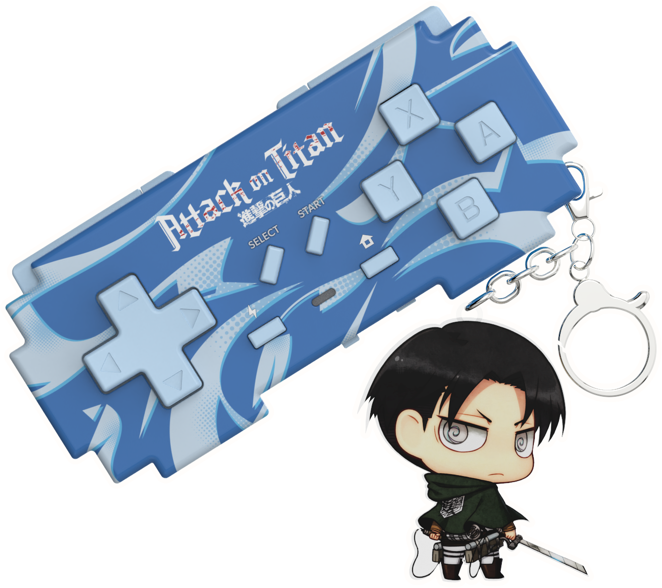 Angriff auf Titan Controller-Schlüsselanhänger mit Chibi-Figur von Levi Ackerman auf schwarzem Hintergrund.