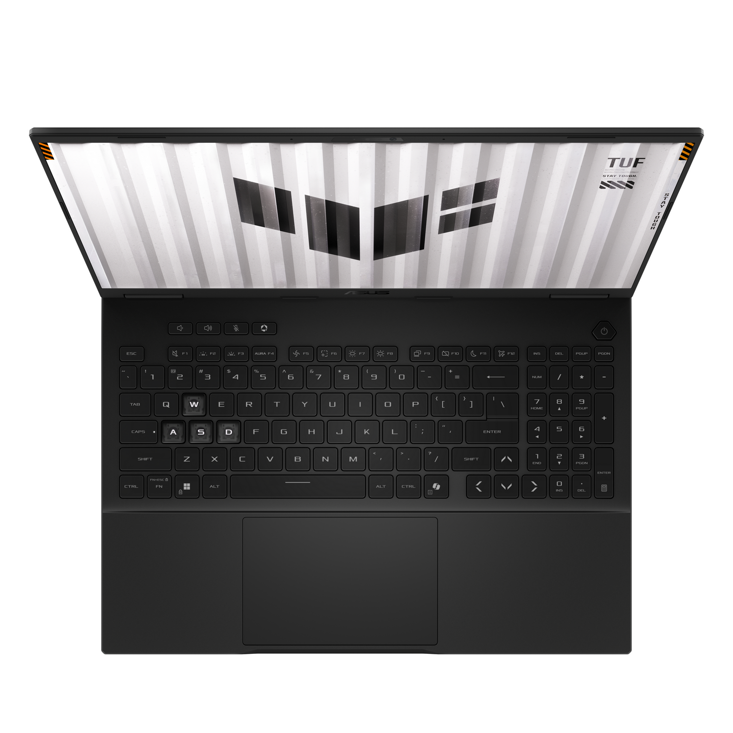 Vista superior de un portátil TUF negro con la pantalla abierta mostrando un fondo de pantalla.