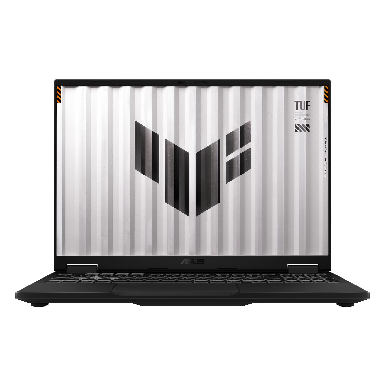 Vista frontal de un portátil de juegos Asus TUF negro sobre fondo blanco con un patrón corrugado en la pantalla.