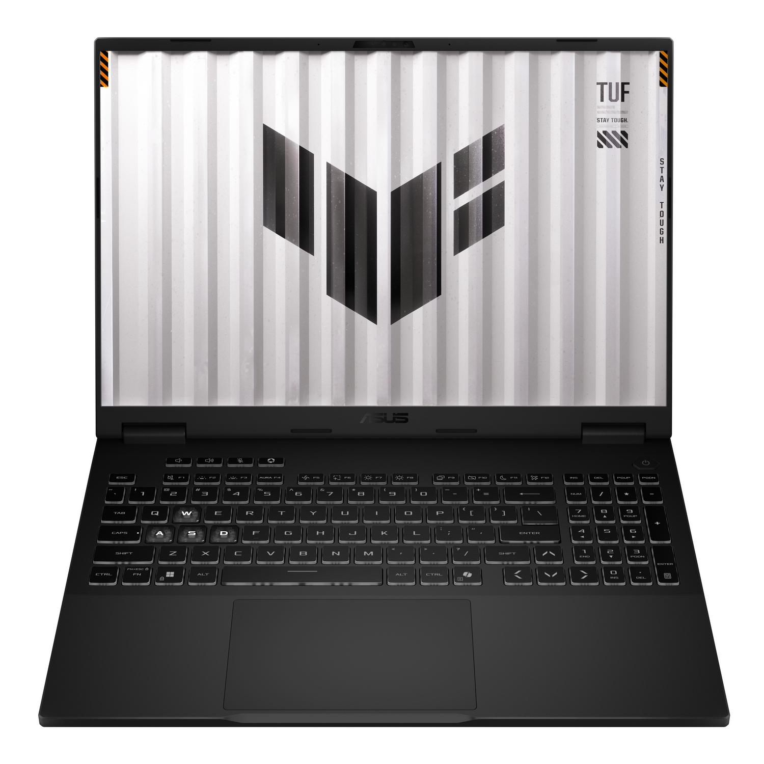 Un ordenador portátil gaming ASUS TUF negro abierto con un fondo de pantalla futurista en blanco y negro.