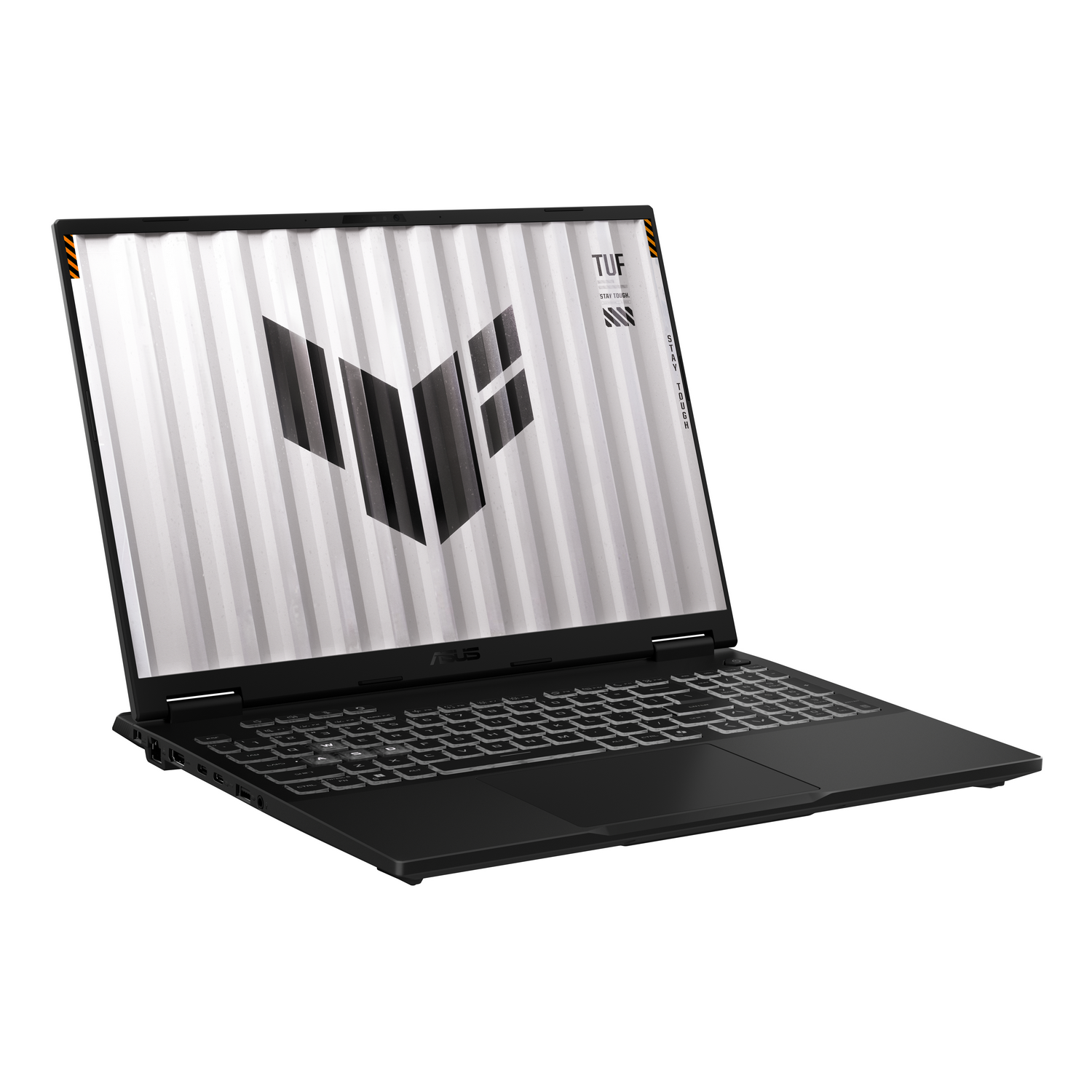 Portátil negro Asus TUF con la pantalla abierta mostrando un logo blanco.