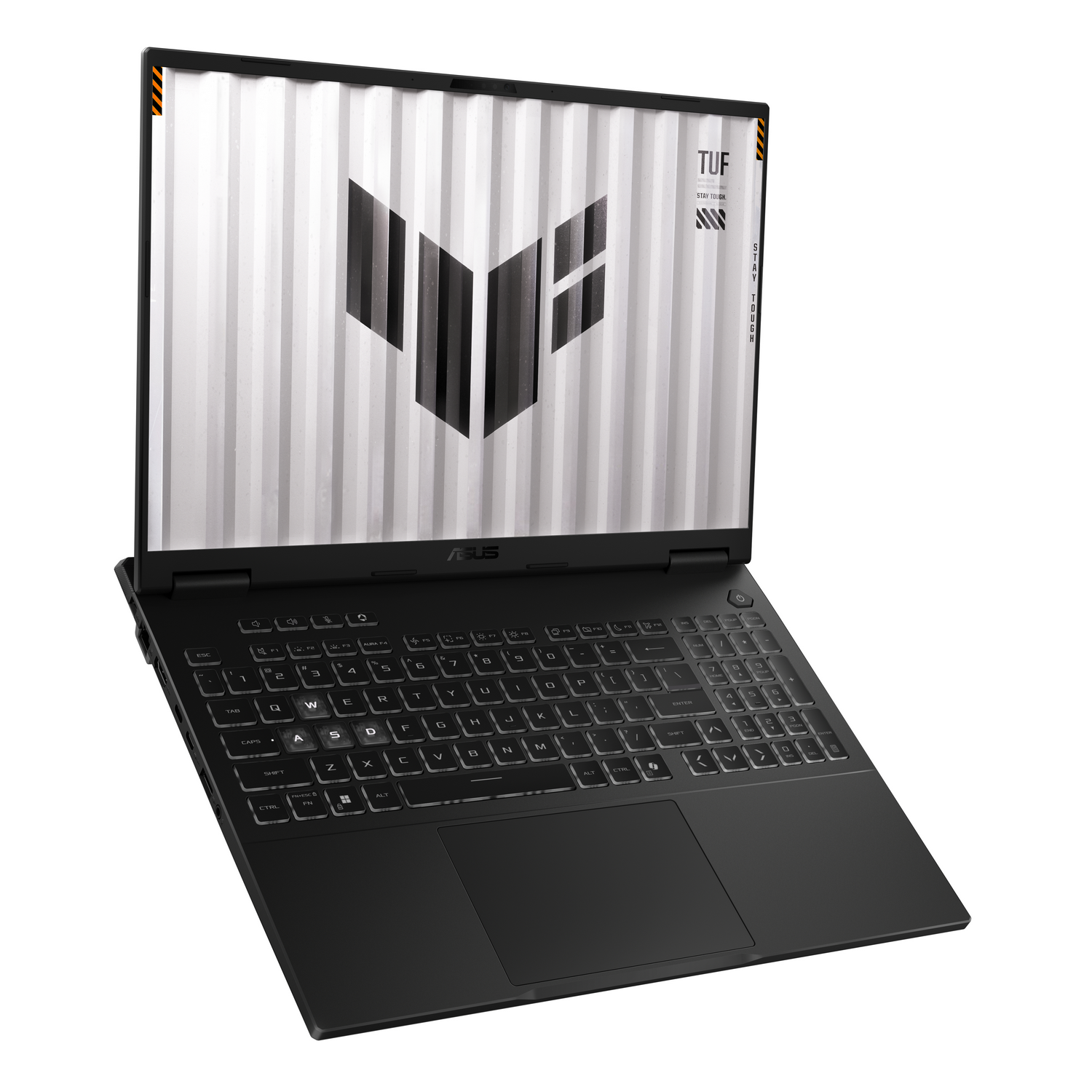 Un ordenador portátil gaming Asus TUF negro sobre una superficie blanca con la pantalla abierta y el teclado iluminado.