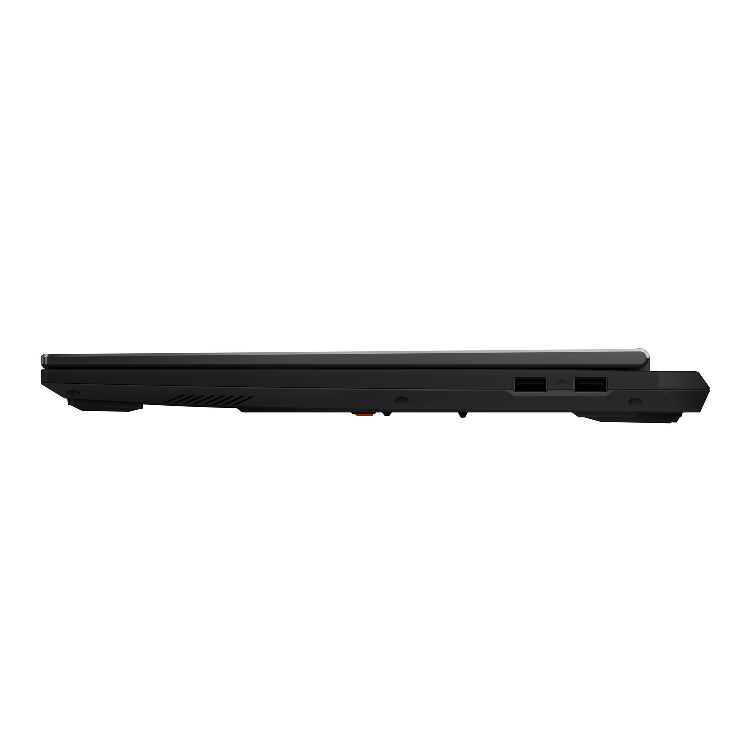 Vista lateral de un portátil negro con puertos USB sobre una superficie blanca.