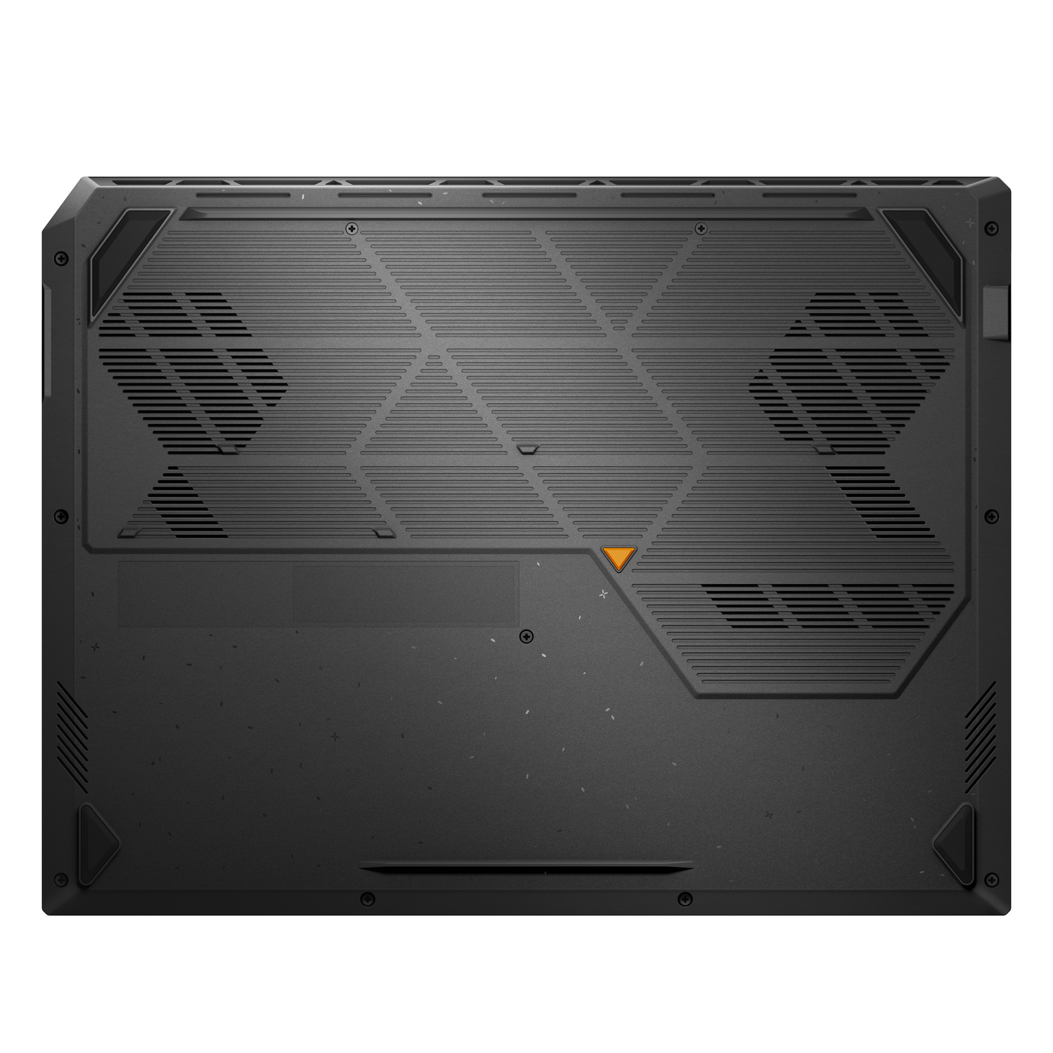 Vista inferior de un portátil negro con rejillas de ventilación y tornillos.