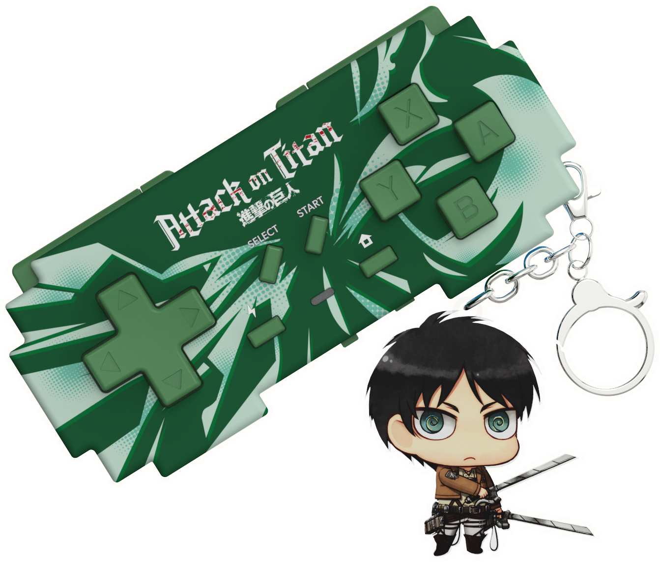 Ein grüner Attack on Titan-Spielkonsolen-Schlüsselanhänger mit einer Eren Yeager-Figur.