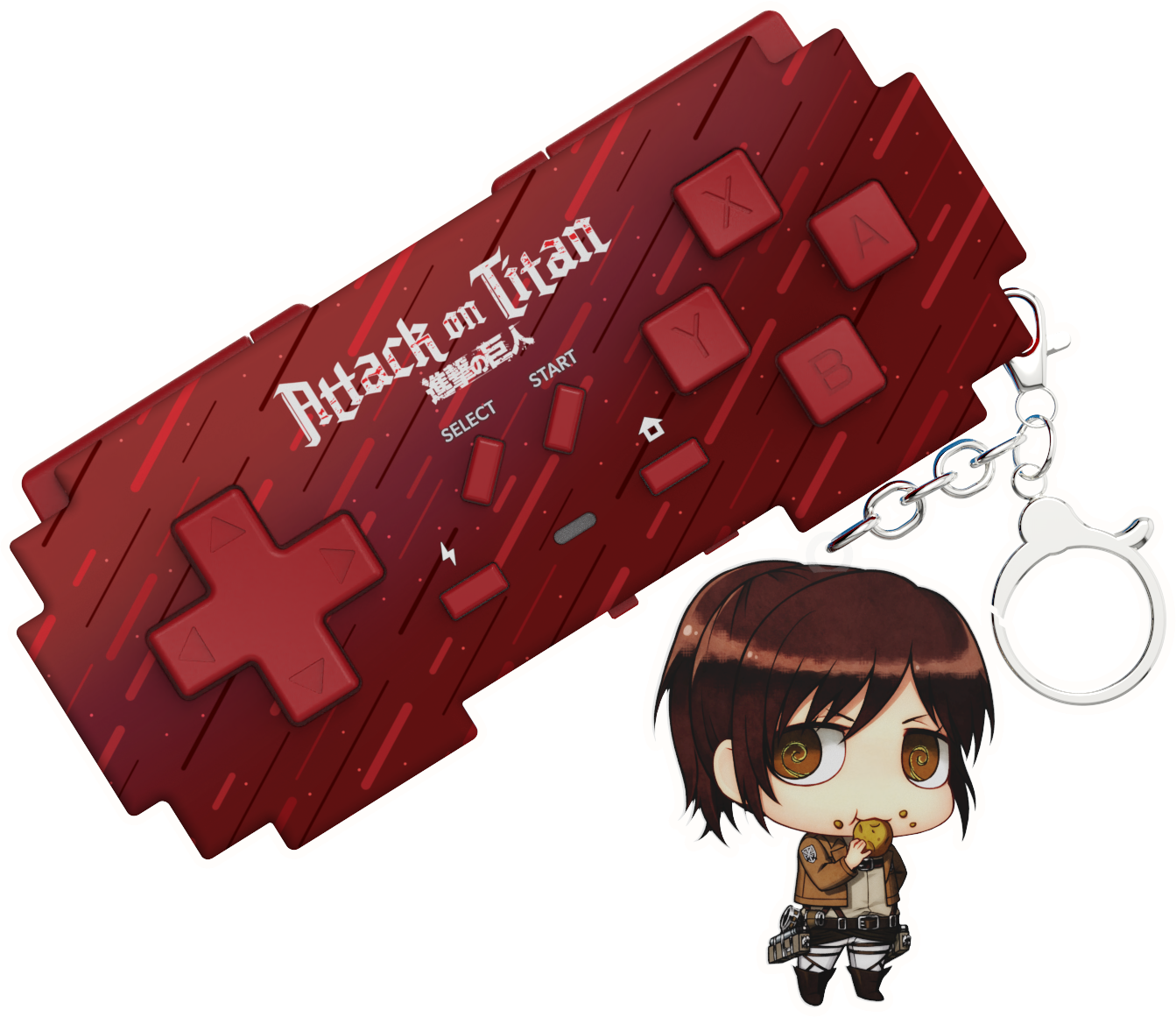 Ein roter Attack on Titan-Spielcontroller-Schlüsselanhänger mit einem anime-Mädchen, das eine Kartoffel isst.