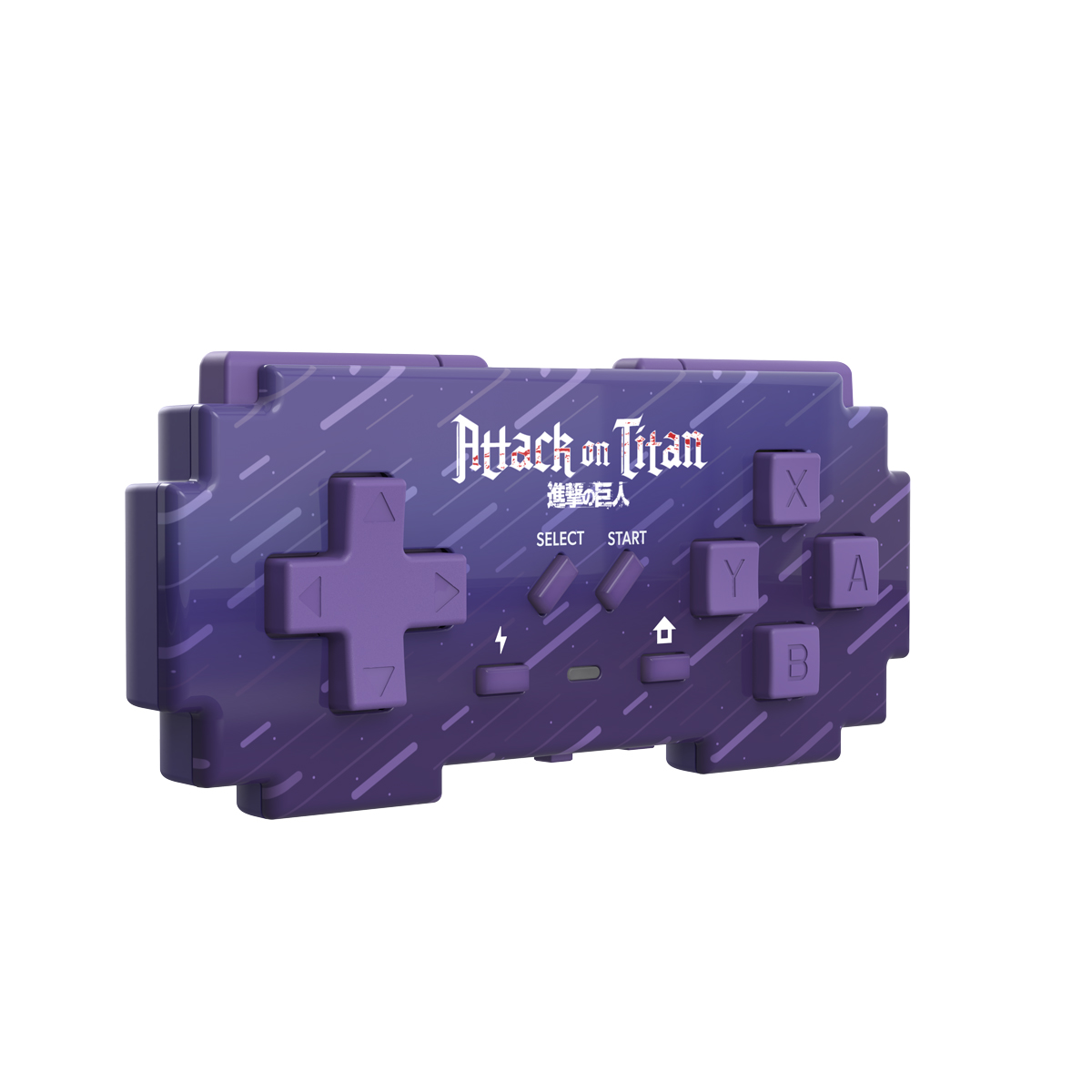 Ein lila Videospiel-Controller im Pixel-Stil mit dem Attack on Titan-Logo und Standardtasten.