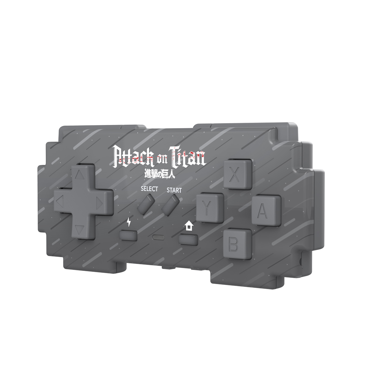 Ein grauer Retro-Gaming-Controller mit Attack on Titan-Logo, D-Pad und vier Aktionstasten.