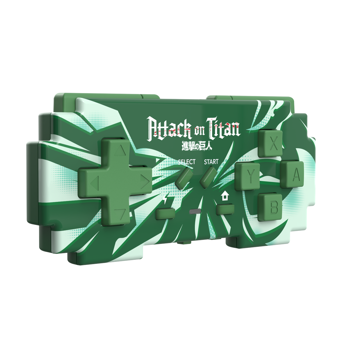 Gruener Attack on Titan-Videospielcontroller mit Steuerkreuz, Aktionskn L, Start- und Auswahltasten auf schwarzem Grund.