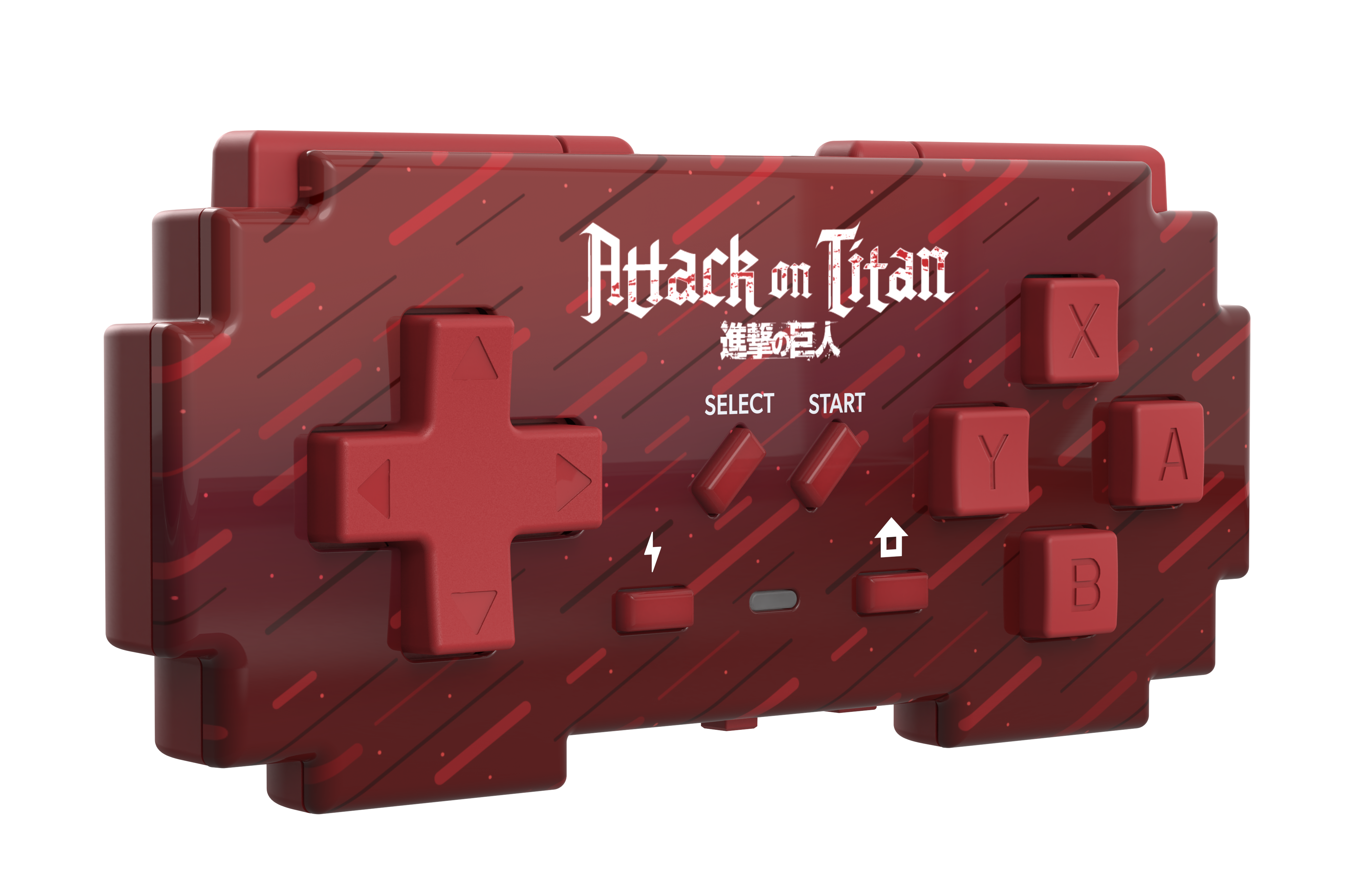 Ein roter Retro-Gamecontroller im Attack on Titan-Design mit D-Pad und Tasten auf schwarzem Hintergrund.