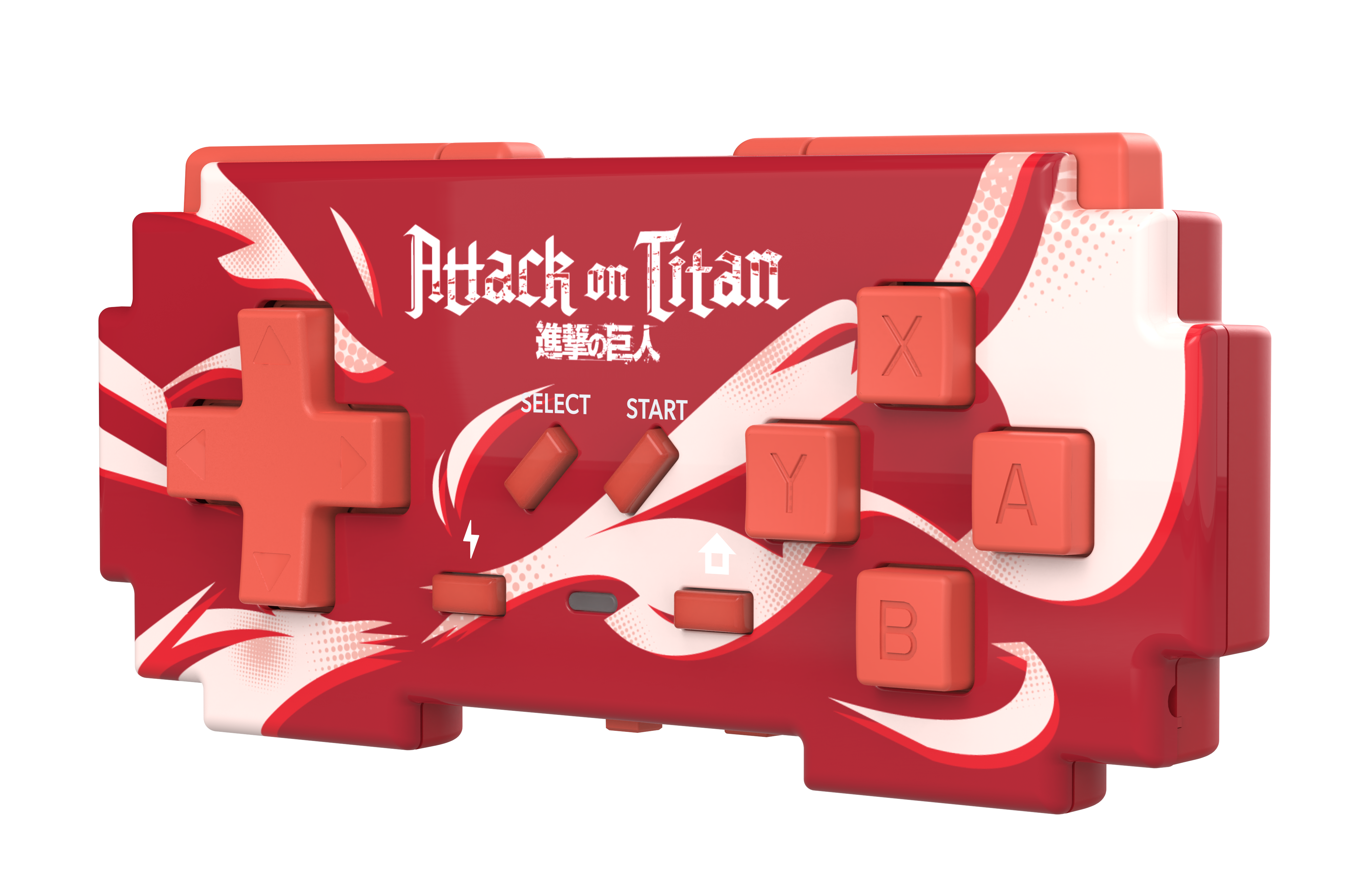 Ein roter und weißer Attack on Titan Videospiel-Controller vor schwarzem Hintergrund.