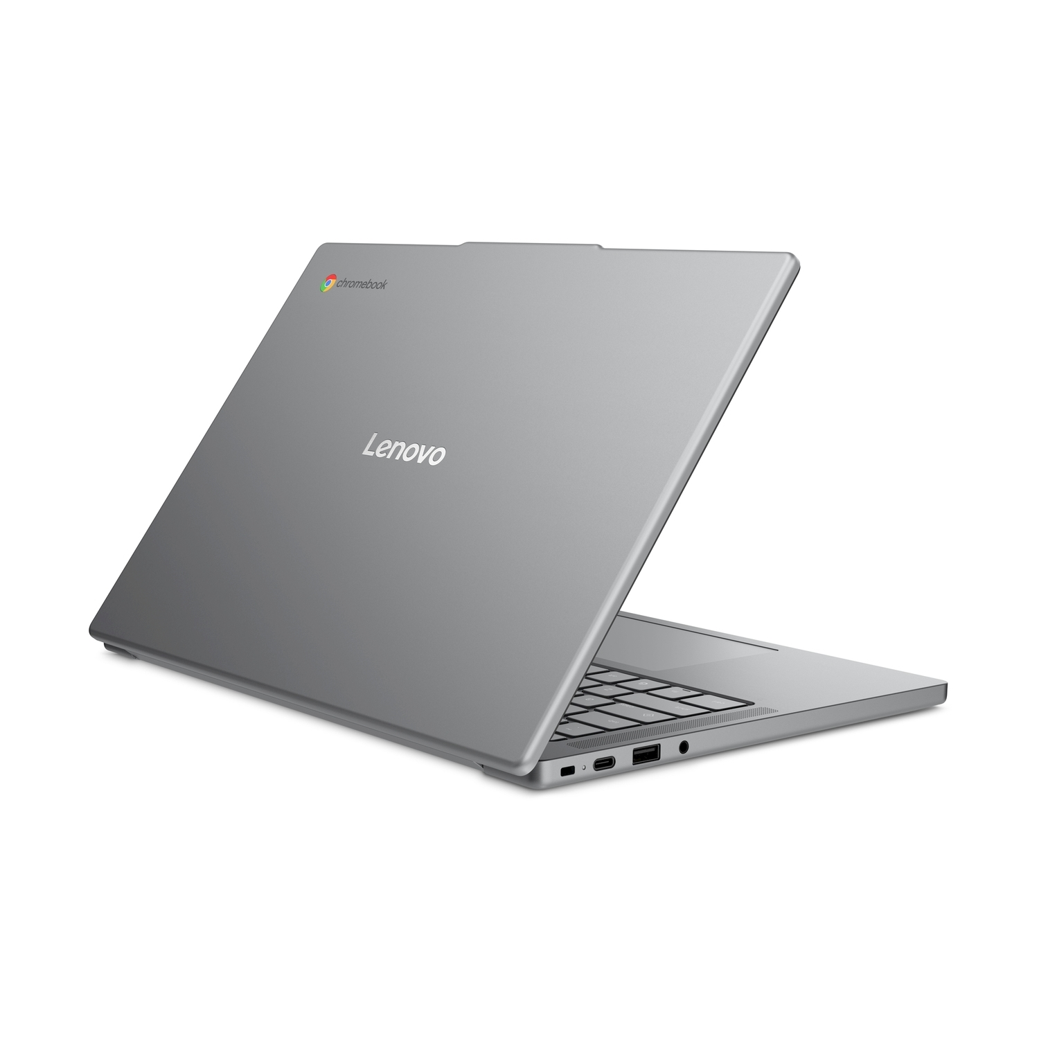 Un laptop Lenovo Chromebook argento su sfondo bianco mostra il suo coperchio e le porte laterali.