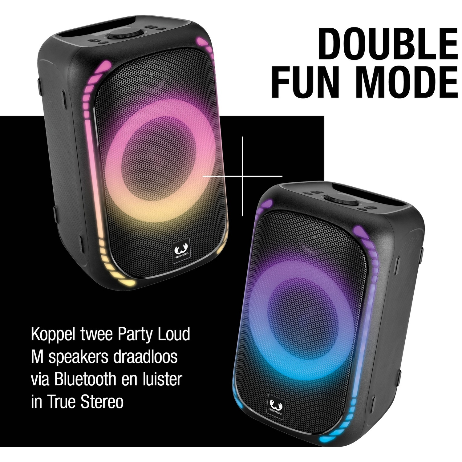 Twee zwarte speakers met ledverlichting tonen de double fun-modus voor true stereo.