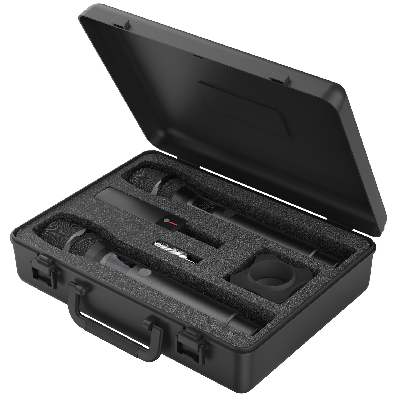 Een open zwarte hardcase met schuimvulling bevat twee microfoons, accessoires en een houder.